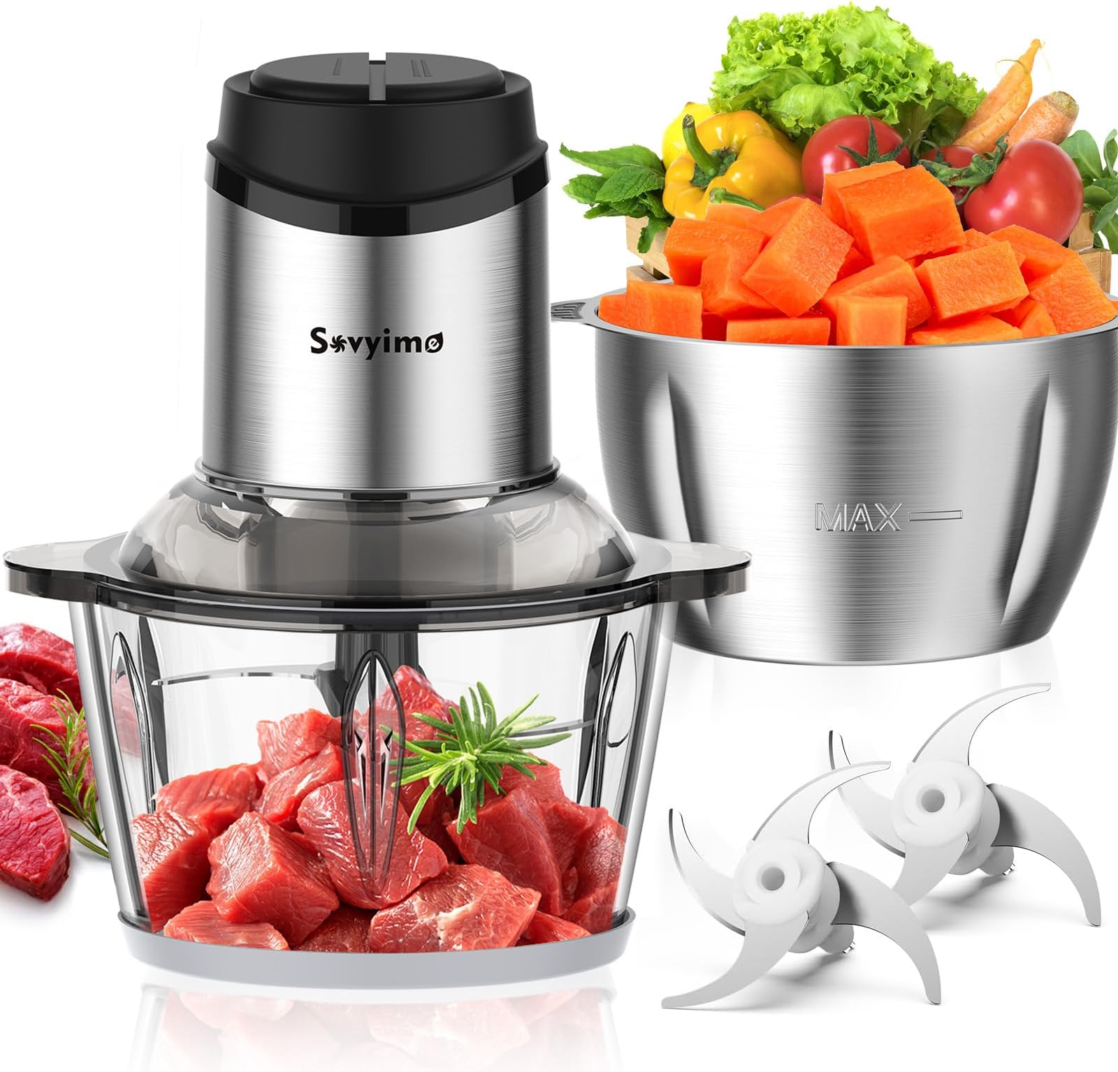 Sovyime Food Processor with 2 Bowls (2L+2L), Mini Chopper Electric Food Chopper, 2 Bi-Level Blades Mini Food Processors Meat Grinder for Kitchen Meat, Vegetables, Onions,Nuts,Fruit, Baby Food, 2 Speed