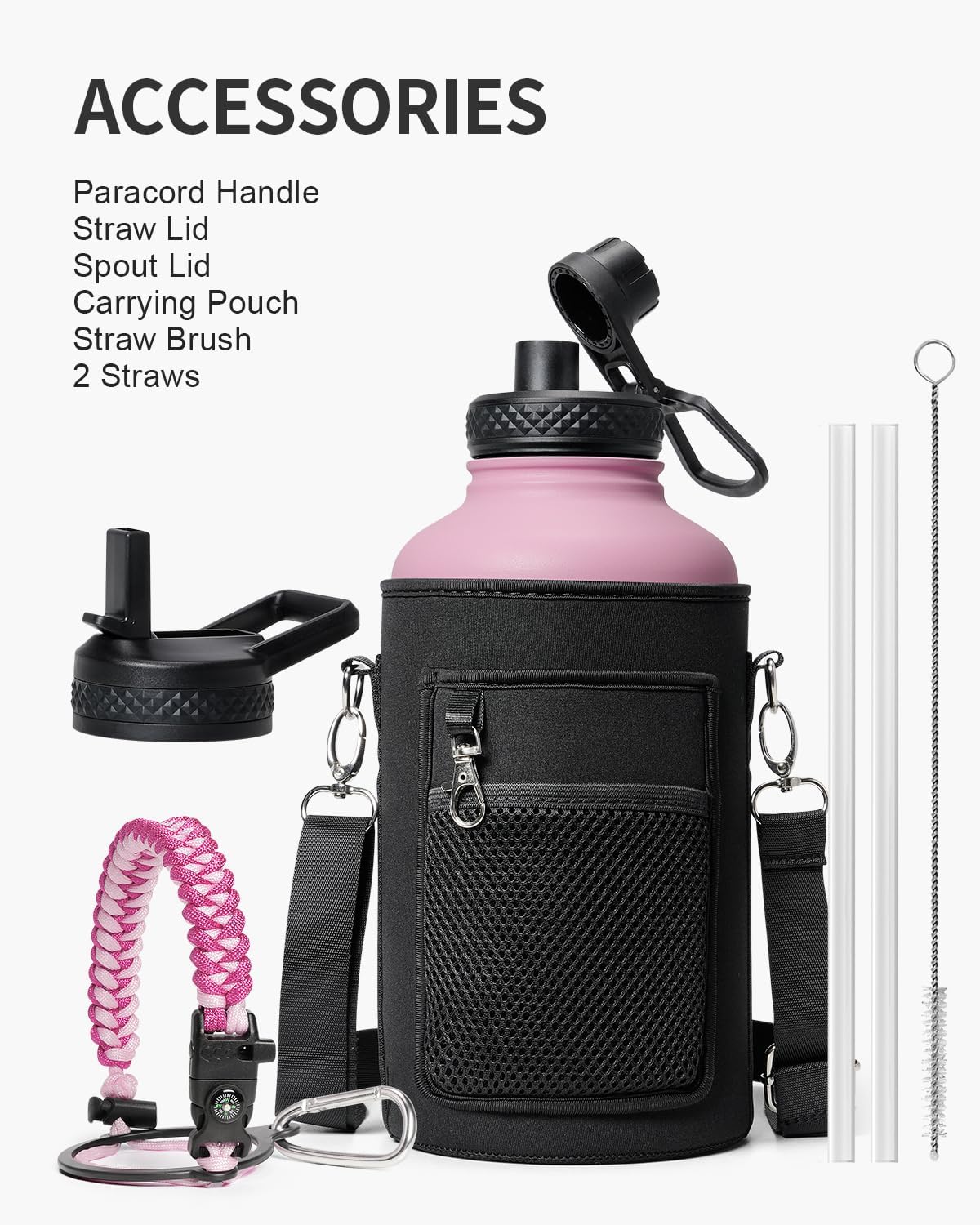 Half Gallon Water Bottle,64oz Insulated Water Bottle Stainless Steel Vacuum,Cold for 48 Hrs,BPA-Free & Leakproof -with Paracord Handle,Strap,Straw Spout Lids,Big Flask Jug for Gym Sports,Pink - Image 7