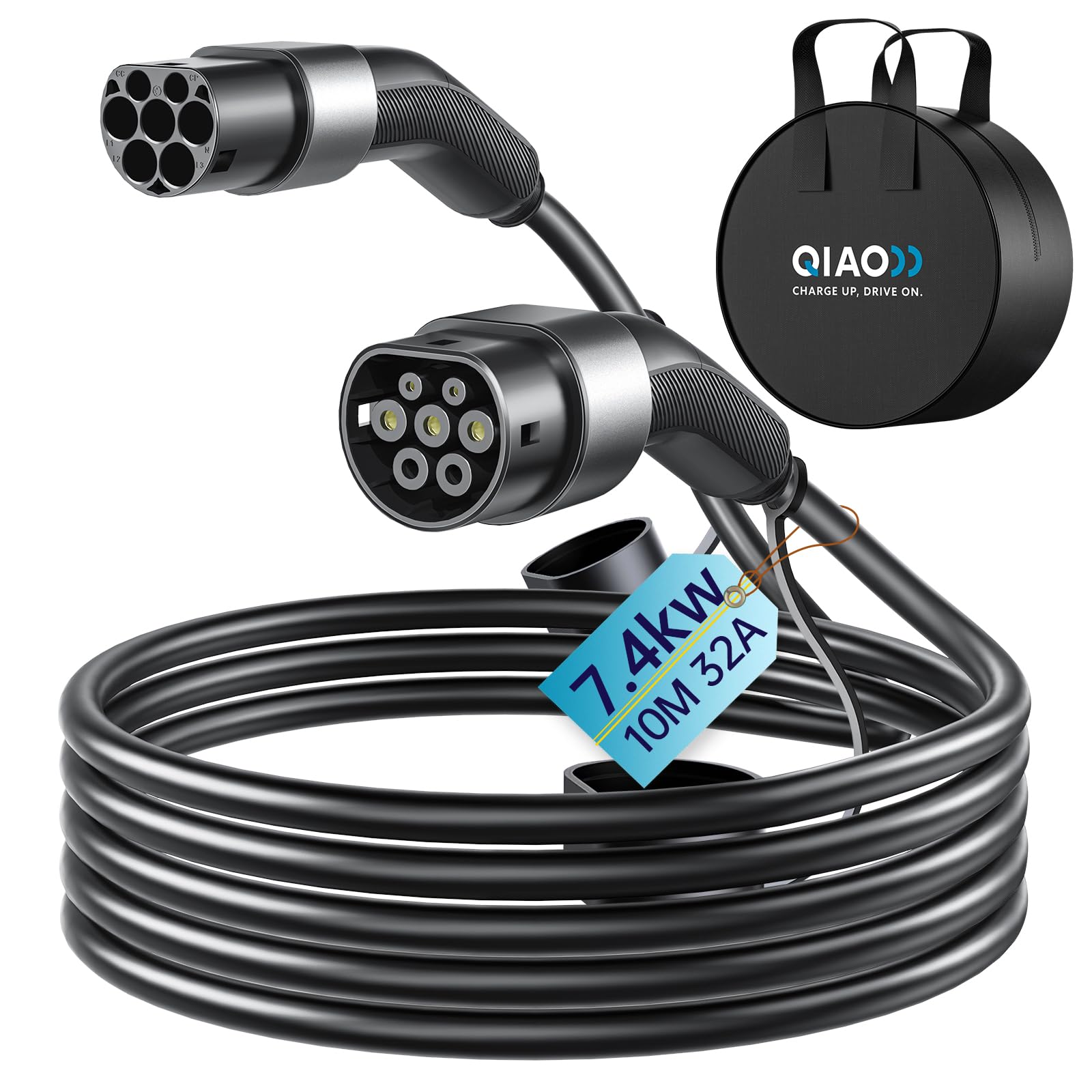 QIAO)) Cavo di ricarica per veicoli elettrici di tipo 2, 7,4kW 32A 10M monofase, elettrici da tipo 2 a tipo 2 IEC 62196, cavo di ricarica rapida per auto elettriche con borsa per il trasporto