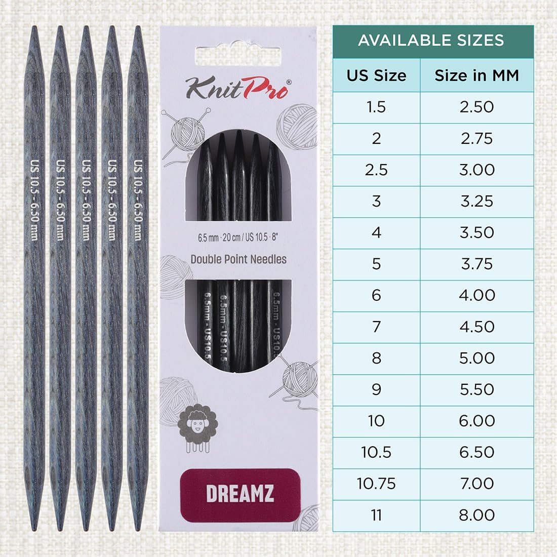 KnitPro Dreamz Double Pointed Needles 8" (20cm) | US Size 10.5 (6.5mm)