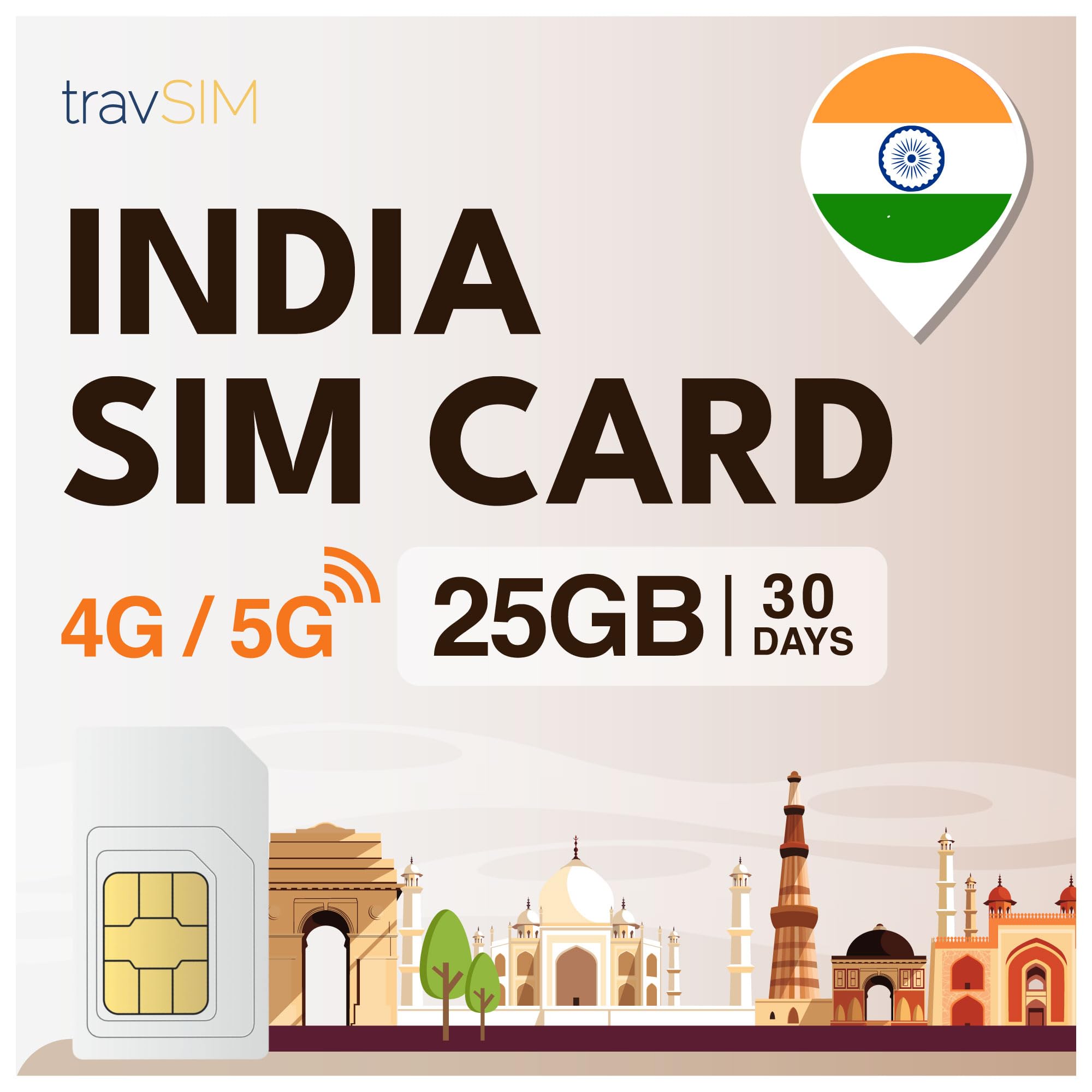 travSIM Carte SIM Inde | 25 Go de données mobiles avec vitesses 4G/5G en Inde – Accès complet à Google, Facebook, WhatsApp et plus encore | SIM carte prépayée pour l’Inde avec une validité de 30 Jours