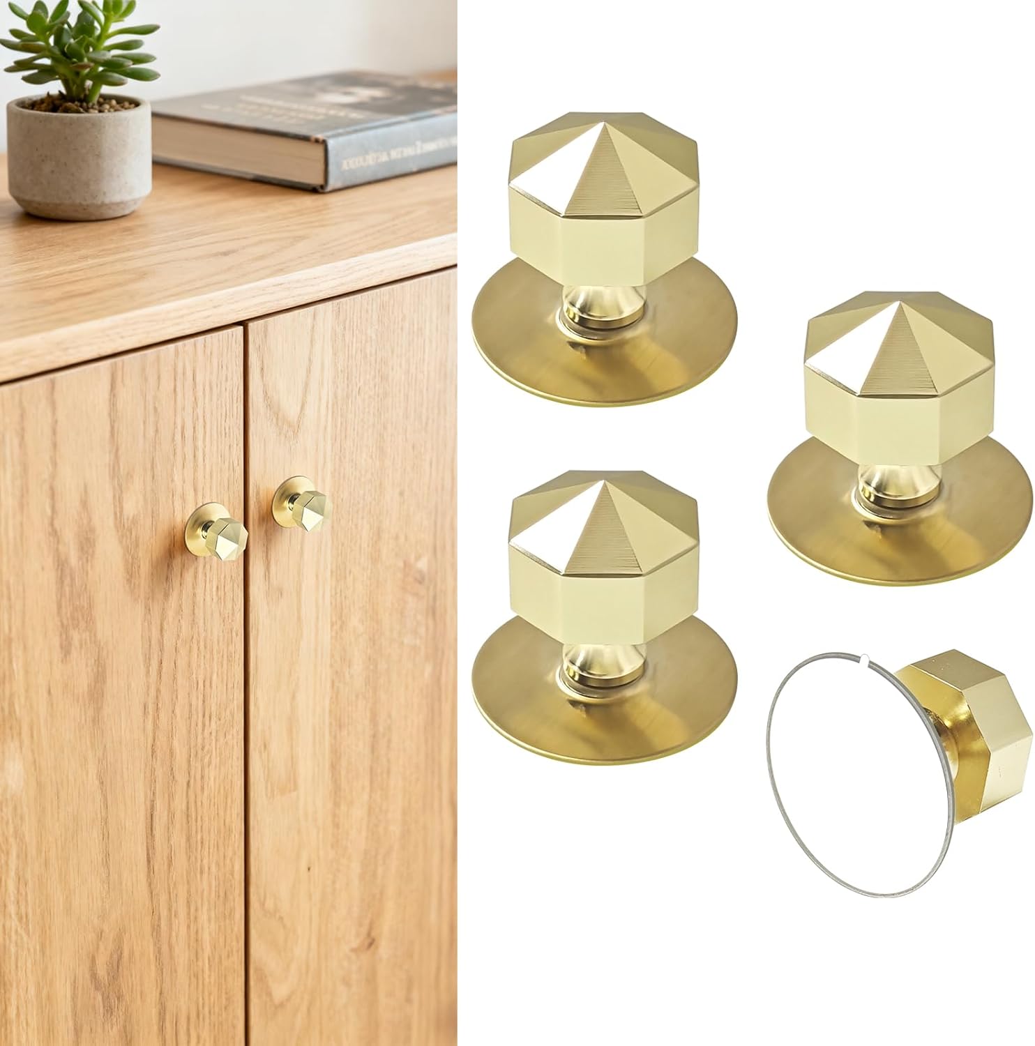 4 Pack Octagon Shape Self-Stick Cabinet Handle Pulls Stainless Steel Light Gold Knobs with Adhesive for Mirror Cabinets Glass Sliding Doors Cupboards Drawer Peel and Stick Knobs Drill Free