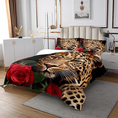Miniatura 3 de Erosebridal Juego de ropa de cama con diseño de rosas rojas y gatos, animales salvajes africanos acolchados para hombres y mujeres, colcha romántica
