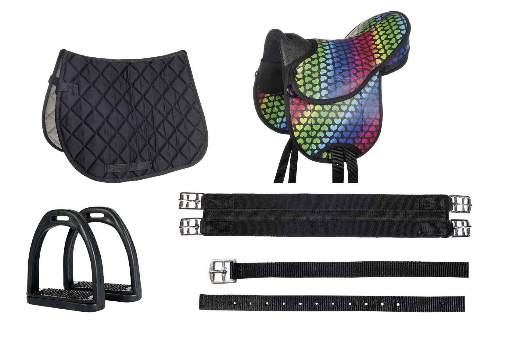 HKM Juego de sillines para Shetty, Mini Shetty o Caballos de Madera, sillín Infantil Multicolor con Correa, Mantilla, estribos y estribos