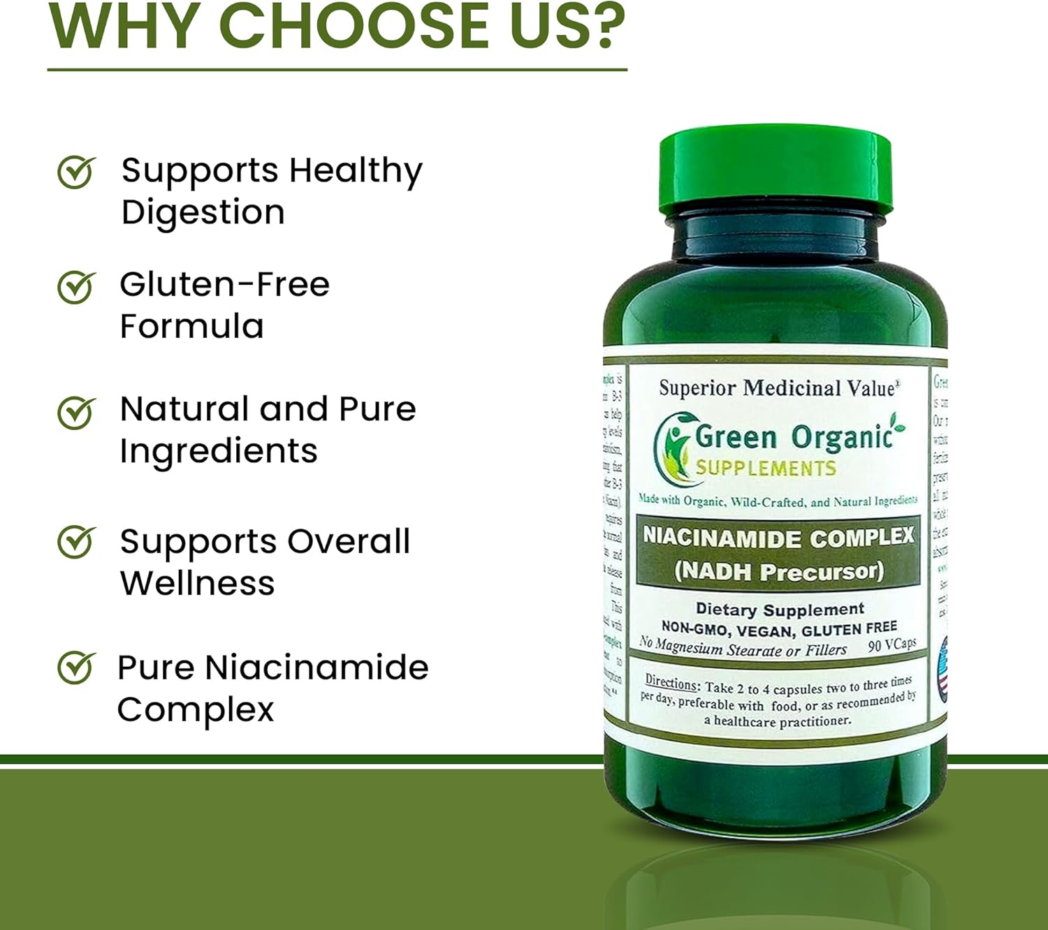 Green Organic Supplements Niacinamide, Niacin, NAD, NADH, High Absorbable, Non-GMO, Gluten-Free (Single)