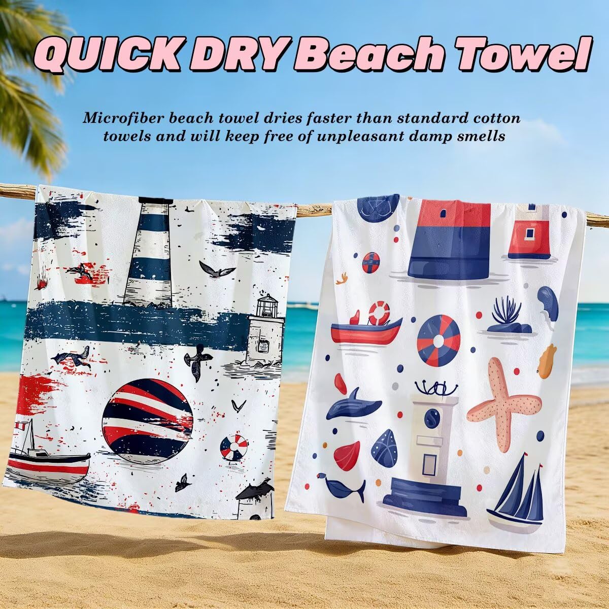 Toalla Playa 80x160 cm, Toalla Gimnasio Microfibra Secado Rapido, Juego de 2 Antiarena Toallas de Playa, Ligera Compacta Toallas Microfibra Grande para Viaje, Regalo Hombre Regalo Mujer (Faro) -4965