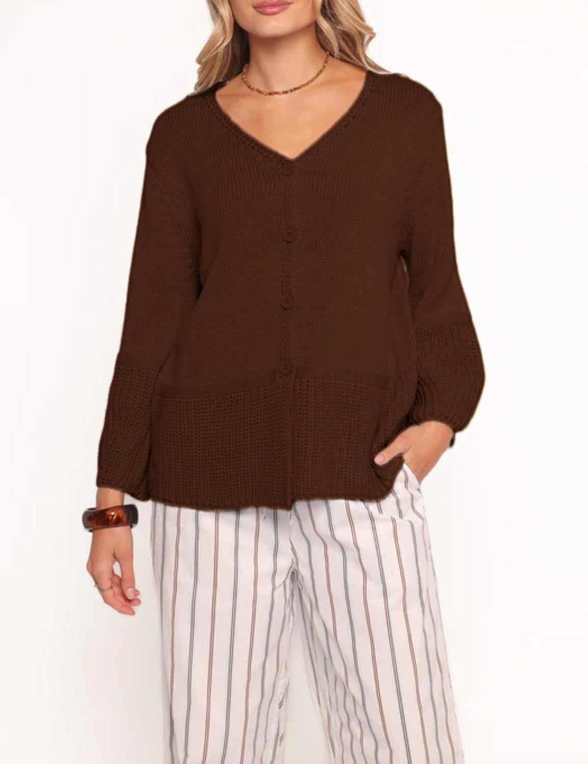 Women’s V Neck Knitted Cardigan Long Balloon Sleeve Button Down Front Sweater Casual Contrast Knitwear - Image 2