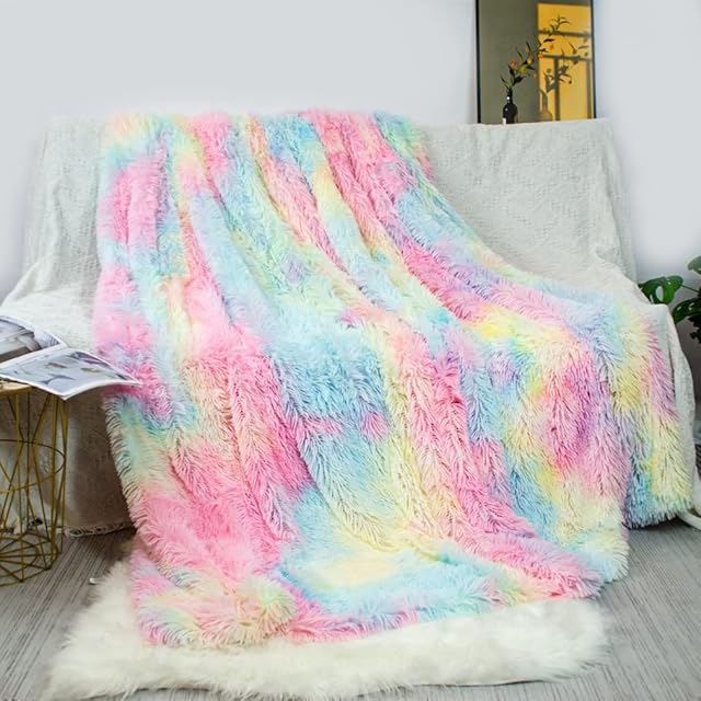 HORNCNIE Blanket Faux Fur Throw 160x200cm Soft Longhair Fluffy Fleece Blanket Rainbow Colored Blankets for Suitable for Bed Sofa Settees