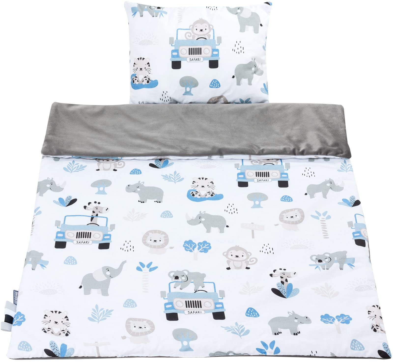 Bellochi Wielofunkcyjny zestaw koca dla niemowląt – dwustronna pościel dla niemowląt 75 x 100 cm i poduszka 30 x 40 cm – ze 100% bawełny – safari