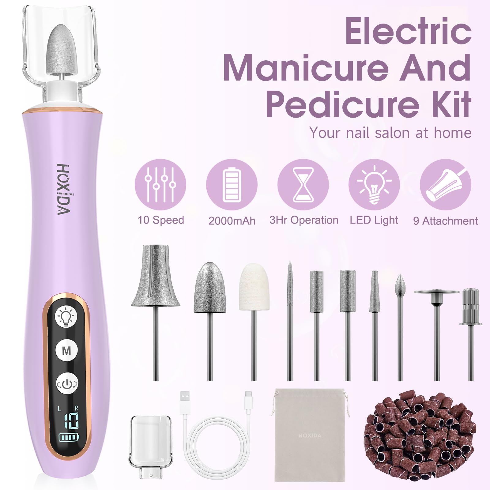 Kit professionale per manicure e pedicure con luce LED a 360°, 10 velocità e modalità memoria, trapano elettrico senza fili, strumenti per pedicure per piedi, lima per unghie per unghie spesse e