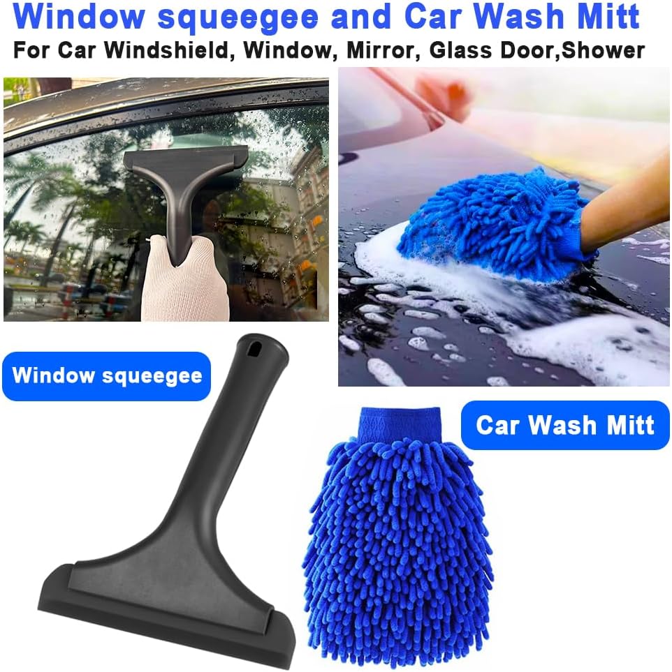 Window Tint Tool Small 6" Silicone Handy Cleaning Squeegee and Car Wash Mitt Chenille Microfiber Super Absorbent for Car Windshield, Window, Mirror, Glass Door,Shower(Black and Blue)