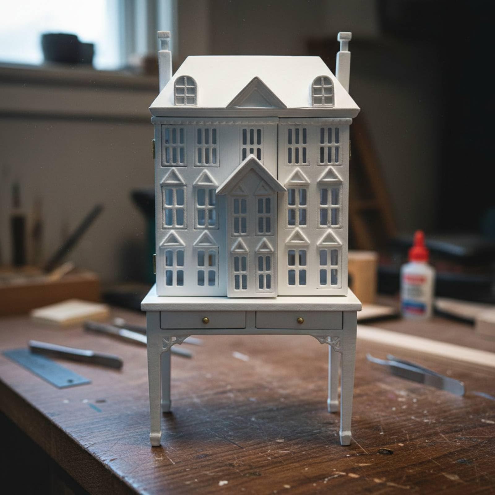 Miniatura Casa Delle Bambole Credenza Mobile Armadio Scaffale Silhouette Casa Dettagli Finestre E Tetto Adatto per Collezionisti E Arredo Interni Casa Bambole, Bianco