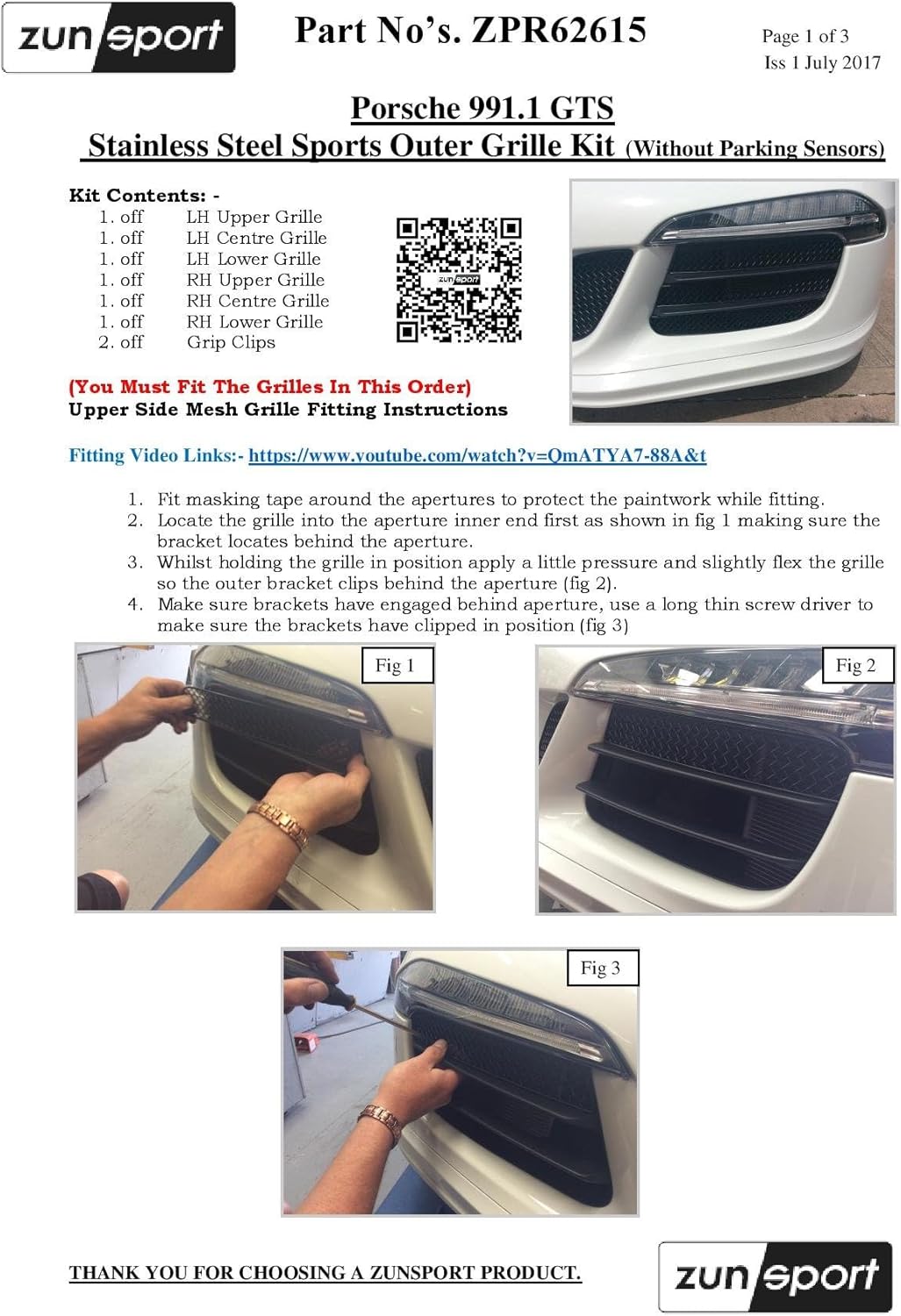 Zunsport Compatible With Porsche 991.1 GTS - Outer Grill Set (Without Parking Sensors) - Black Finish (2015-2016)