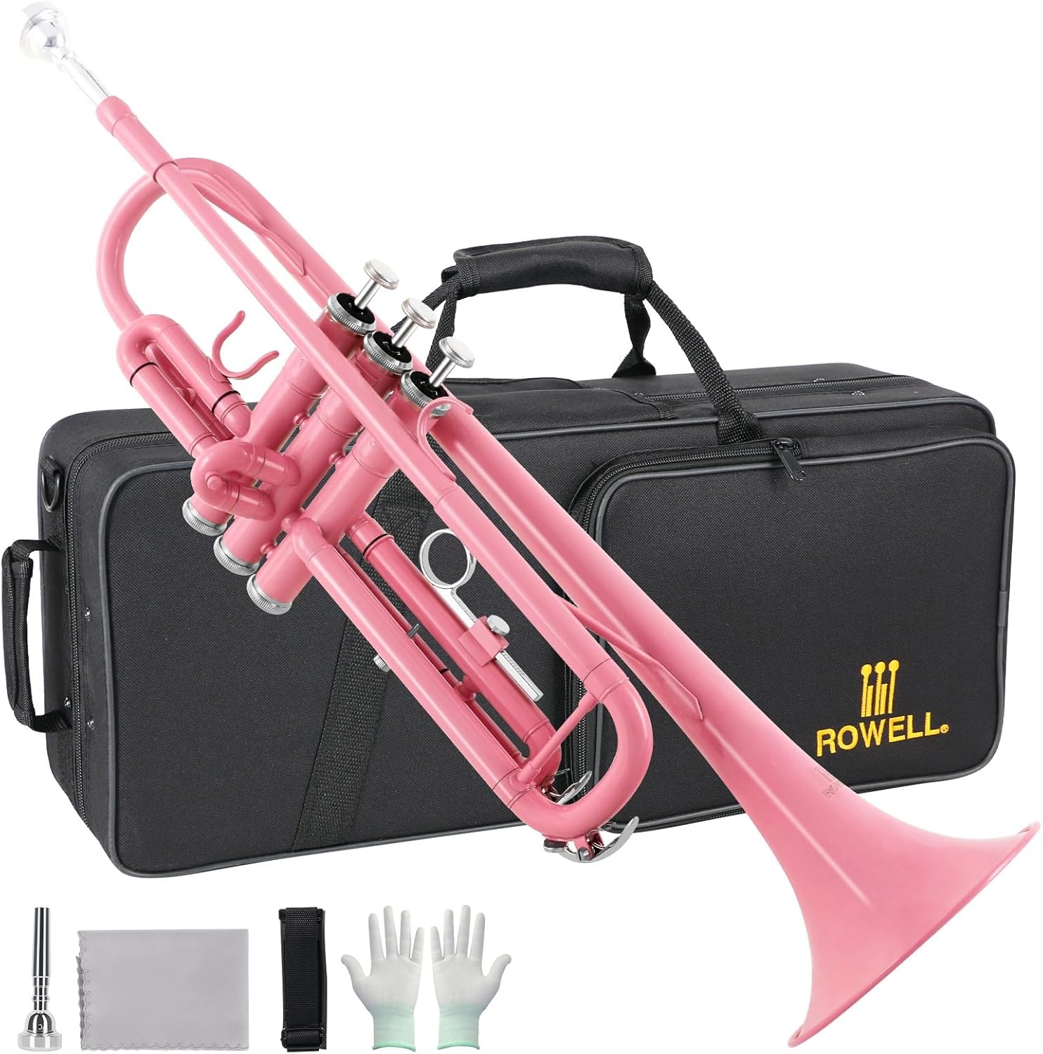 ROWELL Bb Standard Trumpet Professional Brass Trumpets for Beginner Standard Student Trumpet Set with Hard Case,7C Mouthpiece,Gloves(Pink)