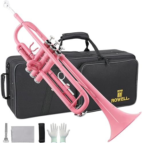 ROWELL Bb Standard Trumpet Professional Brass Trumpets for Beginner Standard Student Trumpet Set with Hard Case,7C Mouthpiece,Gloves(Pink)
