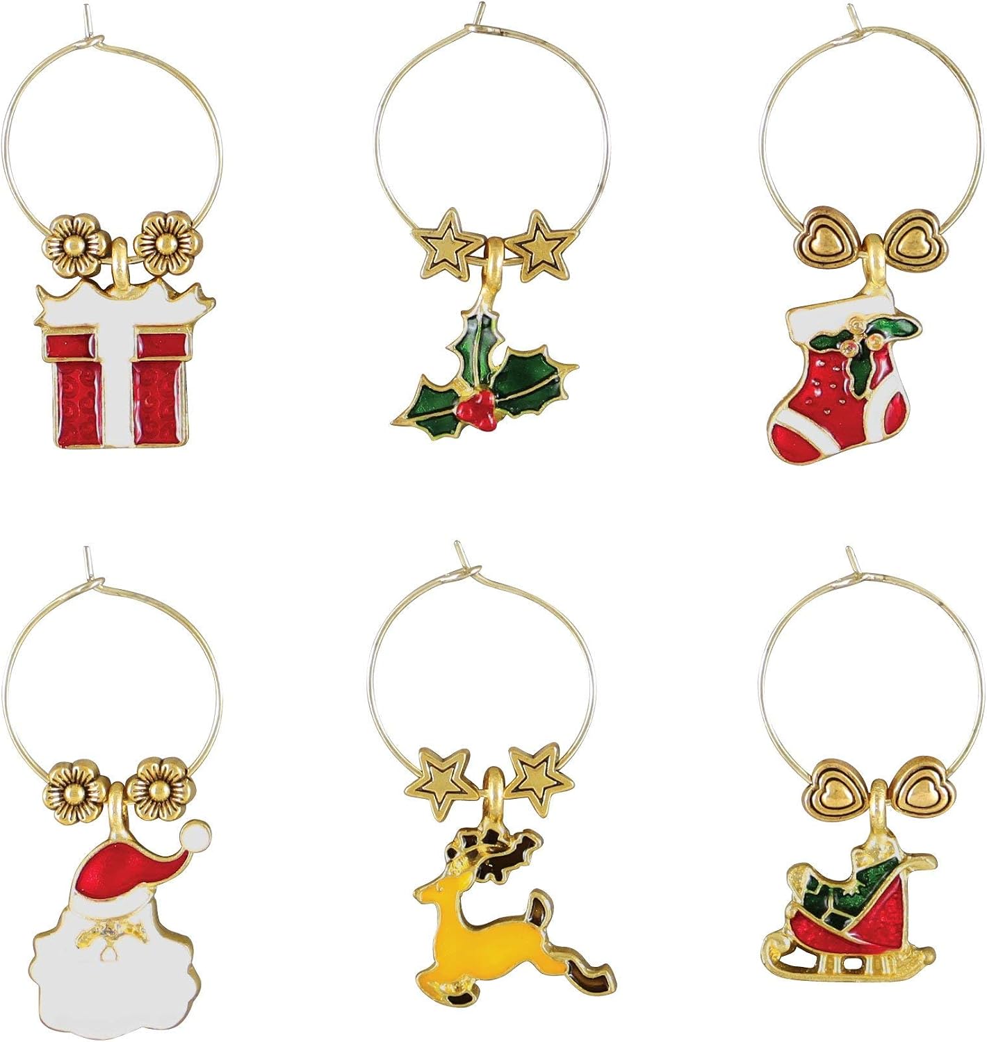 UP UPware Jingle Bell Wine Charms, Zinc Alloy Wine Glass Tags for Stem Glasses, Drink Markers Identifiers for Parties, Tastings, and Entertaining, Multicolor, Set of 6