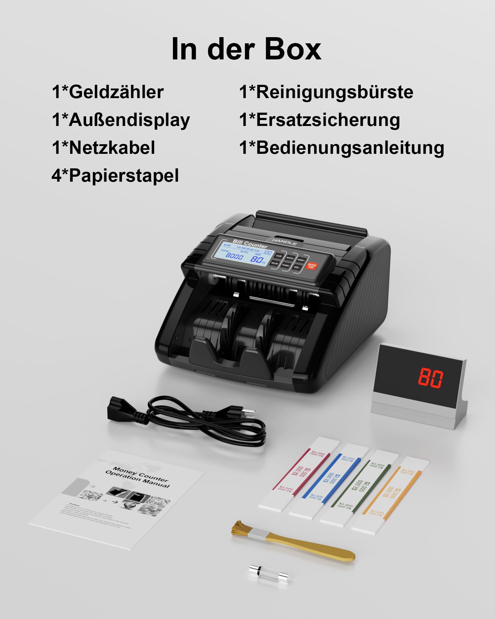 AL1000 Geldzählmaschine, UV/IR/DD/MG Falschgelderkennung, Wertzählung & Batch & Additions Funktionen, LCD-Display, 1200 Banknoten/Min., Unterstützt Mehrere Währungen, Schwar
