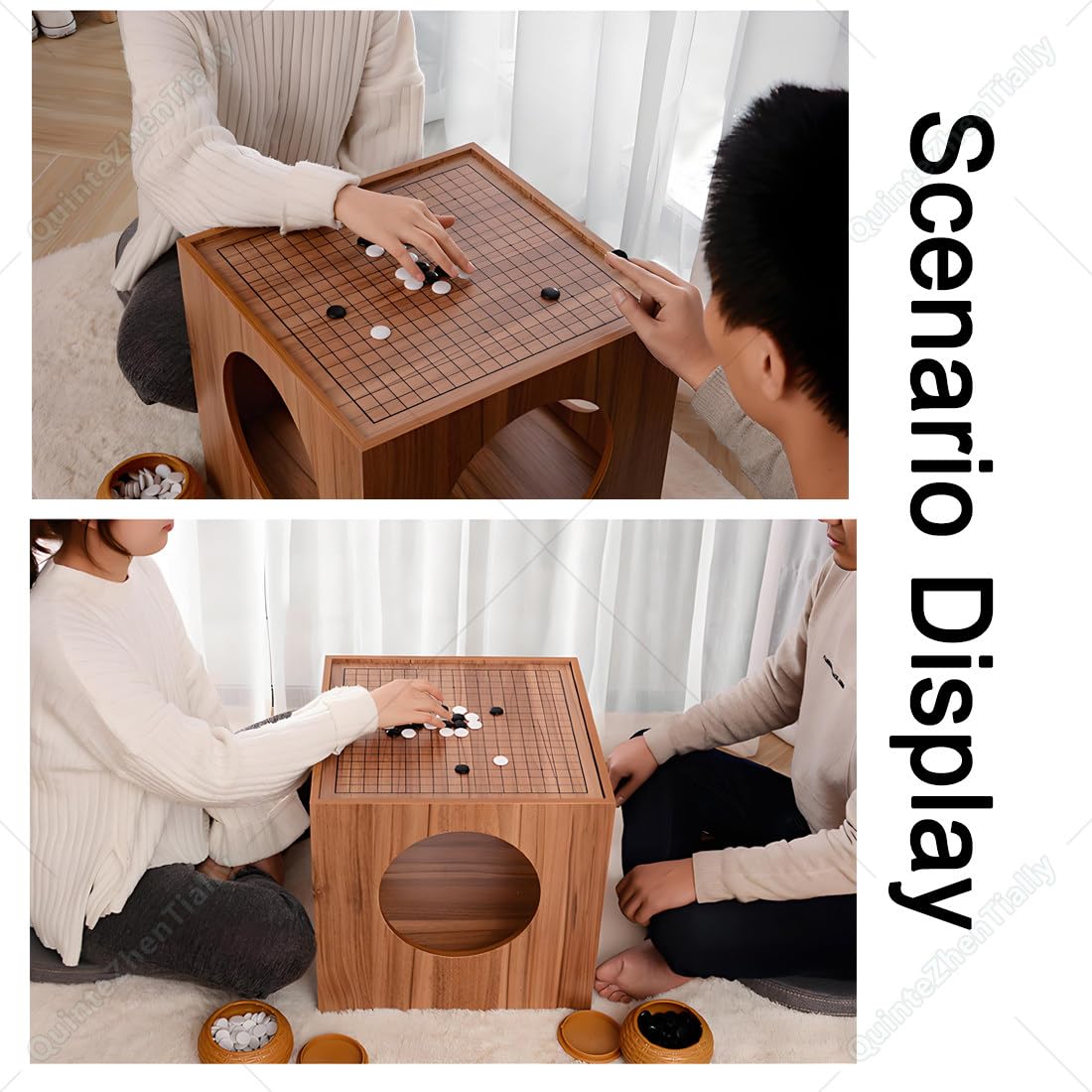 Tavolino Basso caffè,Tavolo Scacchi Go Scacchi,Scacchiera,Scacchiera Bifacciale Set Tavolo Scacchi Go 2 in 1,Diametro Foro Centrale 24cm,per Serate Gioco Famiglia 43x43x41cm