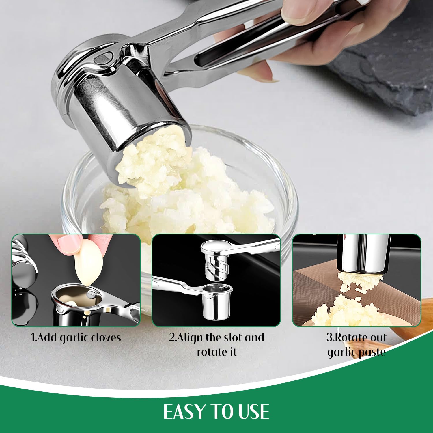 Presse-ail, hachoir à ail en acier inoxydable avec poignée ergonomique, presse-ail de qualité supérieure pour ail et gingembre (argent)
