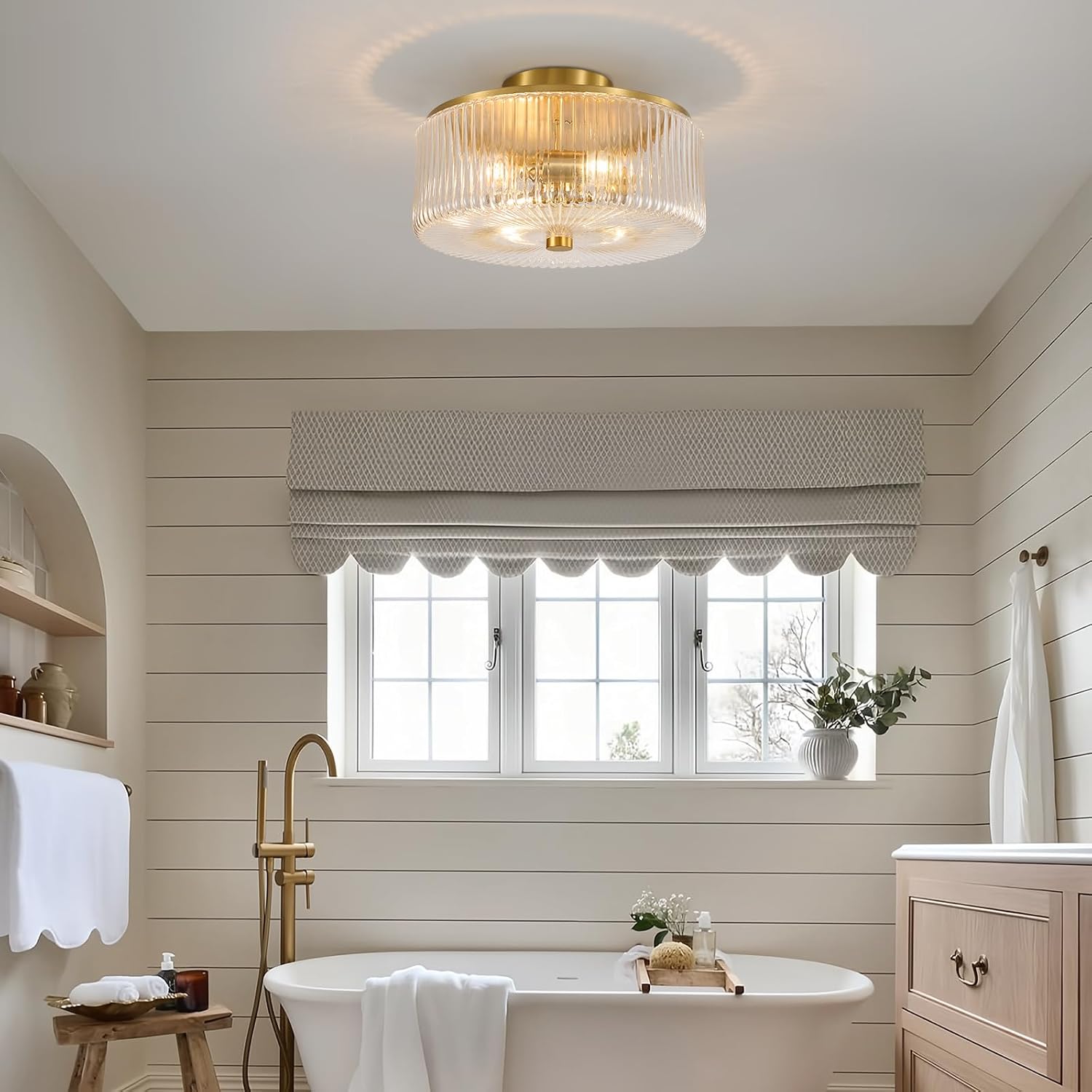 Mid Century Modern Ceiling Light: 4 Light 15" Clear Ribbed Glass Semi Flush Mount Ceiling Light Fixture Farmhouse Drum Chandelier For Dining Room Entryway Kitchen Bedroom Bathroom Living Room Hallway