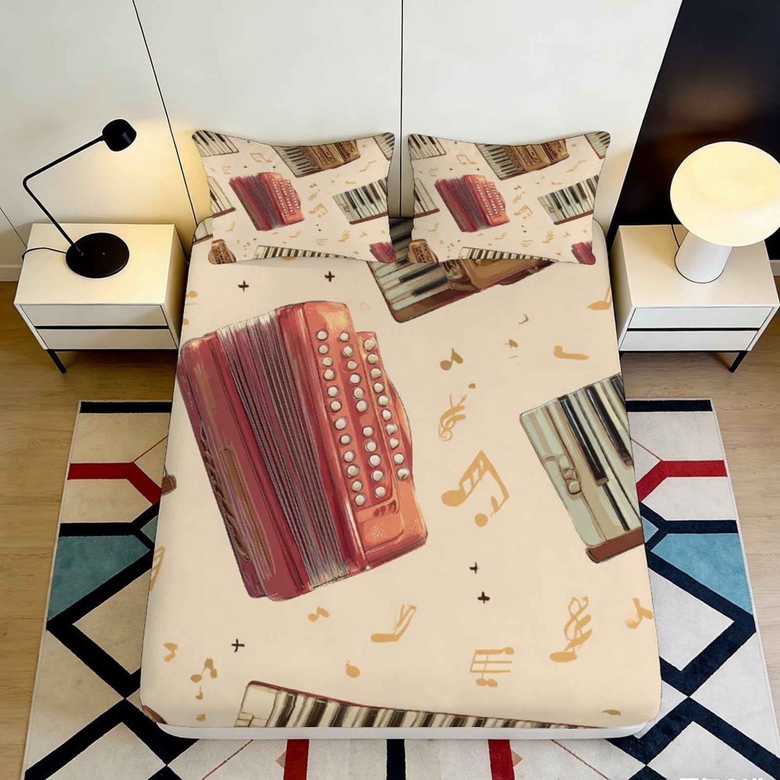 3D Printed Accordion Music Notes Fitted Sheet Microfiber Soft Bed Cover for Bedroom Guest Room Dorm Mattress Protection 90x200x25cm