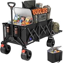 220L Folding Wagon with Detachable 14 Gallon Cooler Bag, Extra Large All-Terrain Heavy Duty Collapsible Beach Wagon Cart with Big Wheels, Foldable Utility Cart for Camping, Tailgate