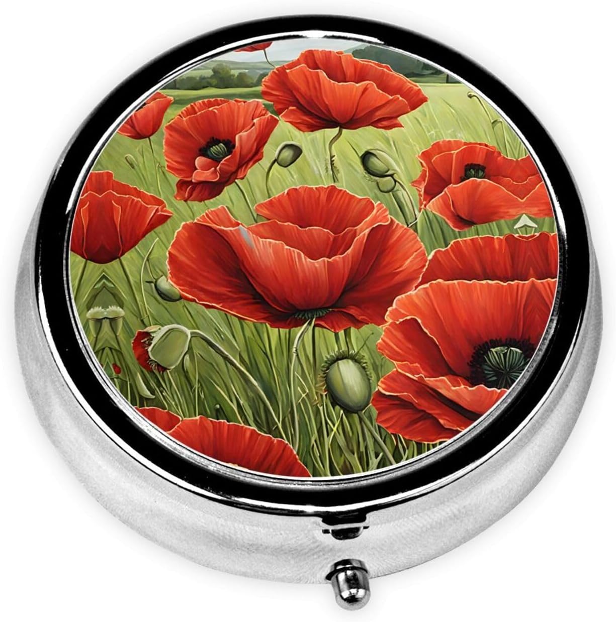 Beautiful Red Poppy Flower Print Round Pill Box, Printed Metal Case with 3 Compartments for Pills, Vitamins & Travel image 2