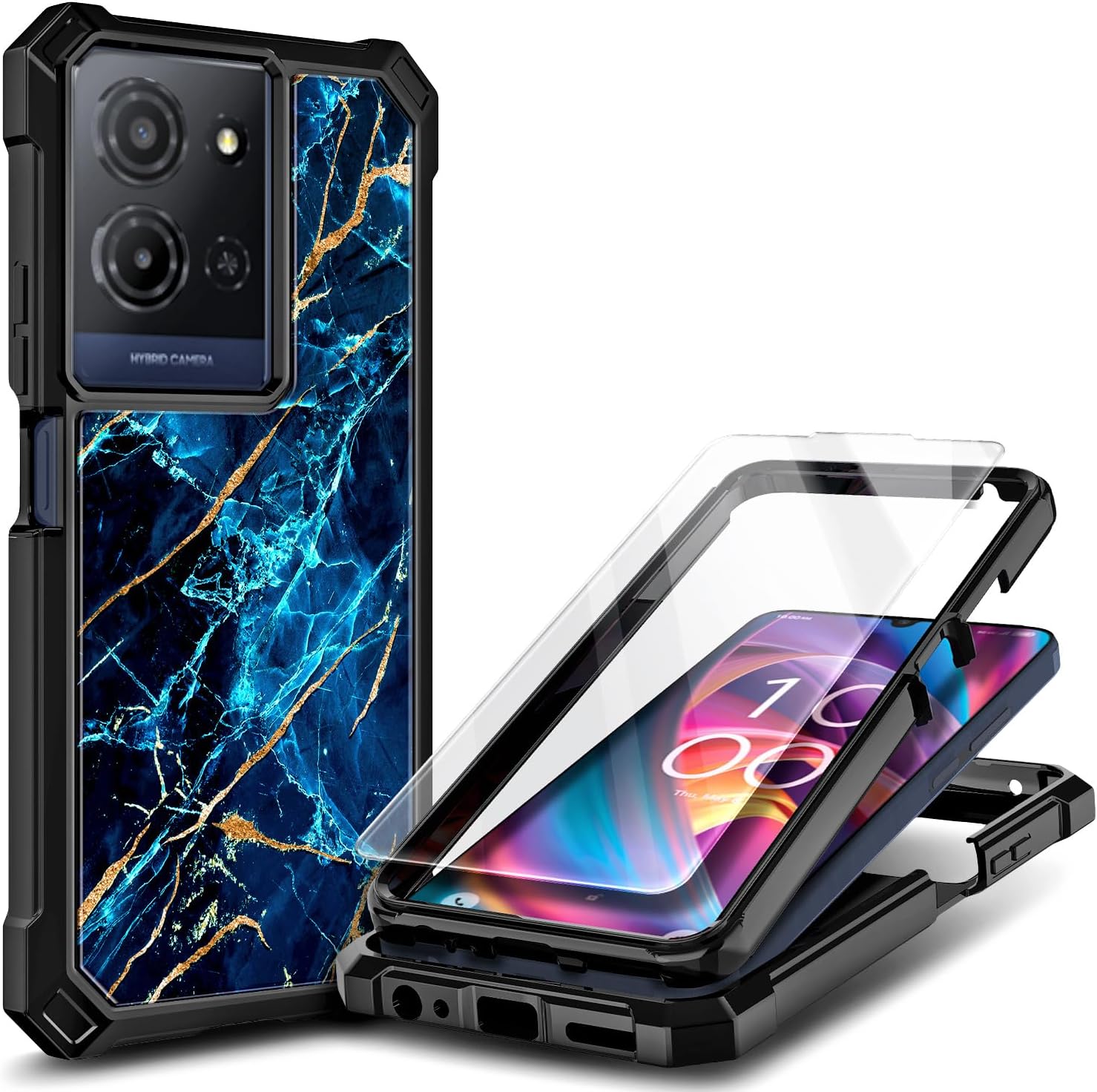 Compatible with TCL K32 5G & K33 5G Phone Case Marble Sapphire | Full-Body Protective Shockproof Rugged Bumper Cover with Screen Protector, Raised Corners Drop Protection