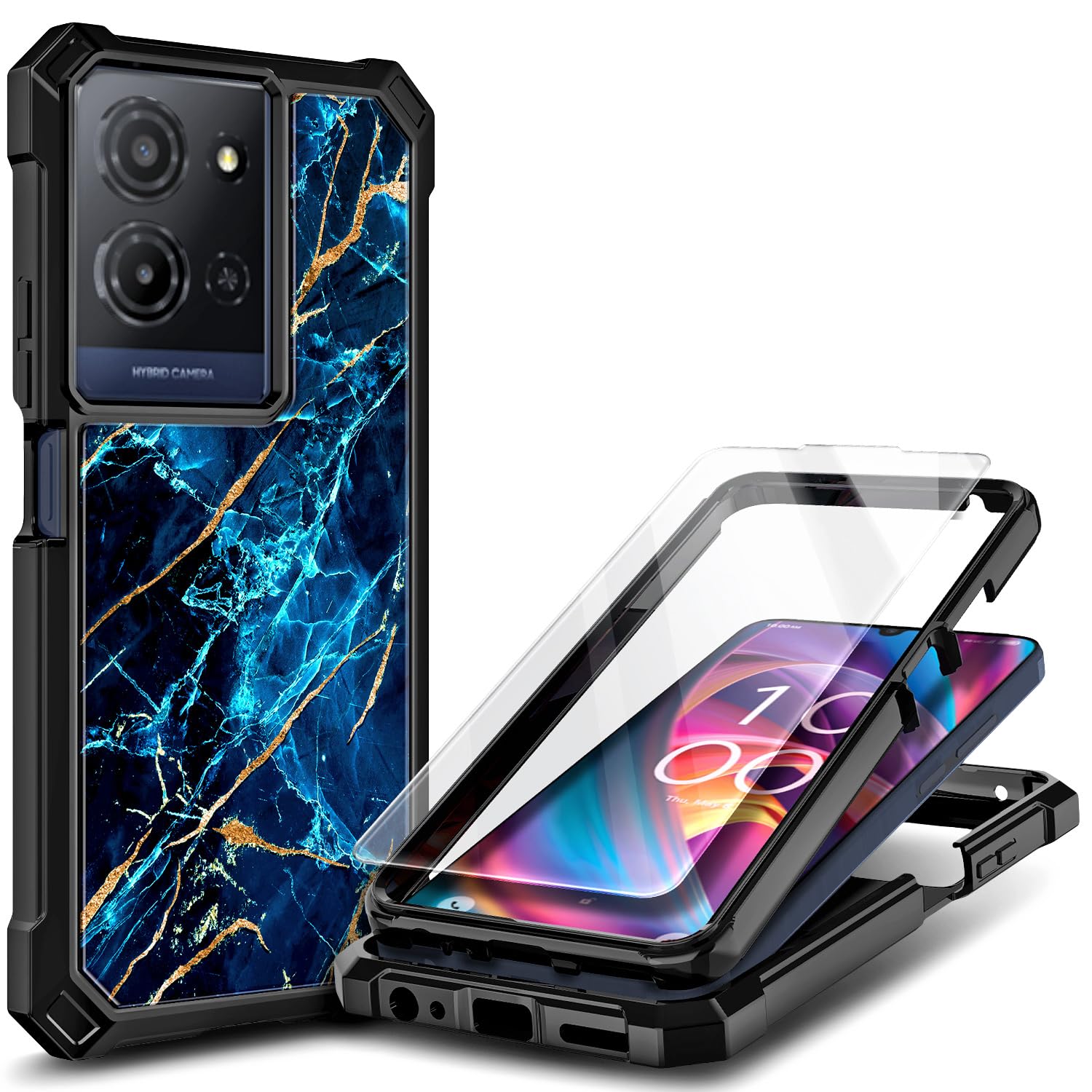 Compatible with TCL K32 5G & K33 5G Phone Case Marble Sapphire | Full-Body Protective Shockproof Rugged Bumper Cover with Screen Protector, Raised Corners Drop Protection