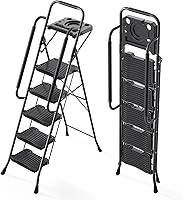 Vista 10 de KINGRACK - Escalera plegable de 4 escalones, escalera de 4 pasos con pedal ancho antideslizante y pasamanos, escalera doméstica ligera, aprueba