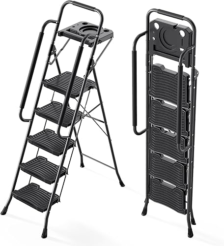 Miniatura 6 de KINGRACK Escalera plegable de 3 escalones, escalera de 3 peldaños de 900 libras con pedal ancho antideslizante y pasamanos, escalera ligera