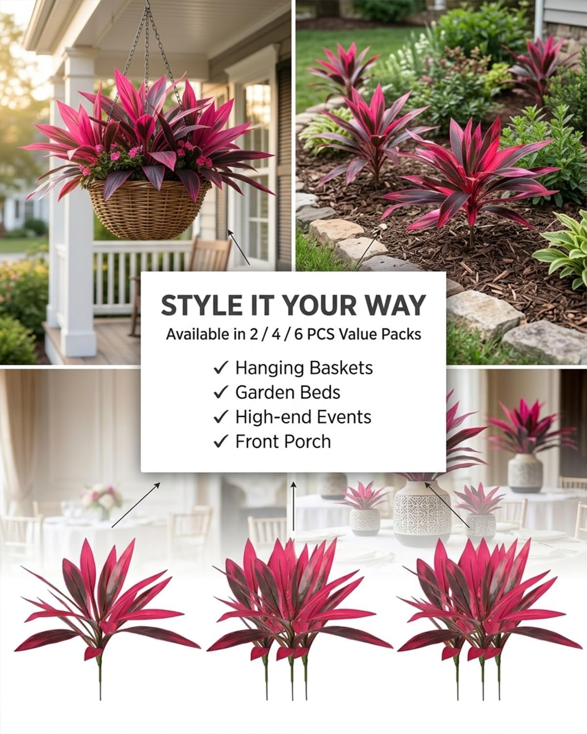 2/4/6 PCS Artificial Boston Ferns Plants Outdoor, Large Lifelike Fern Tree with Vibrant Purple and Pink Leaves UV Resistant, Fake Dragon's Blood Plant for Patio Outside Garden(6pcs)