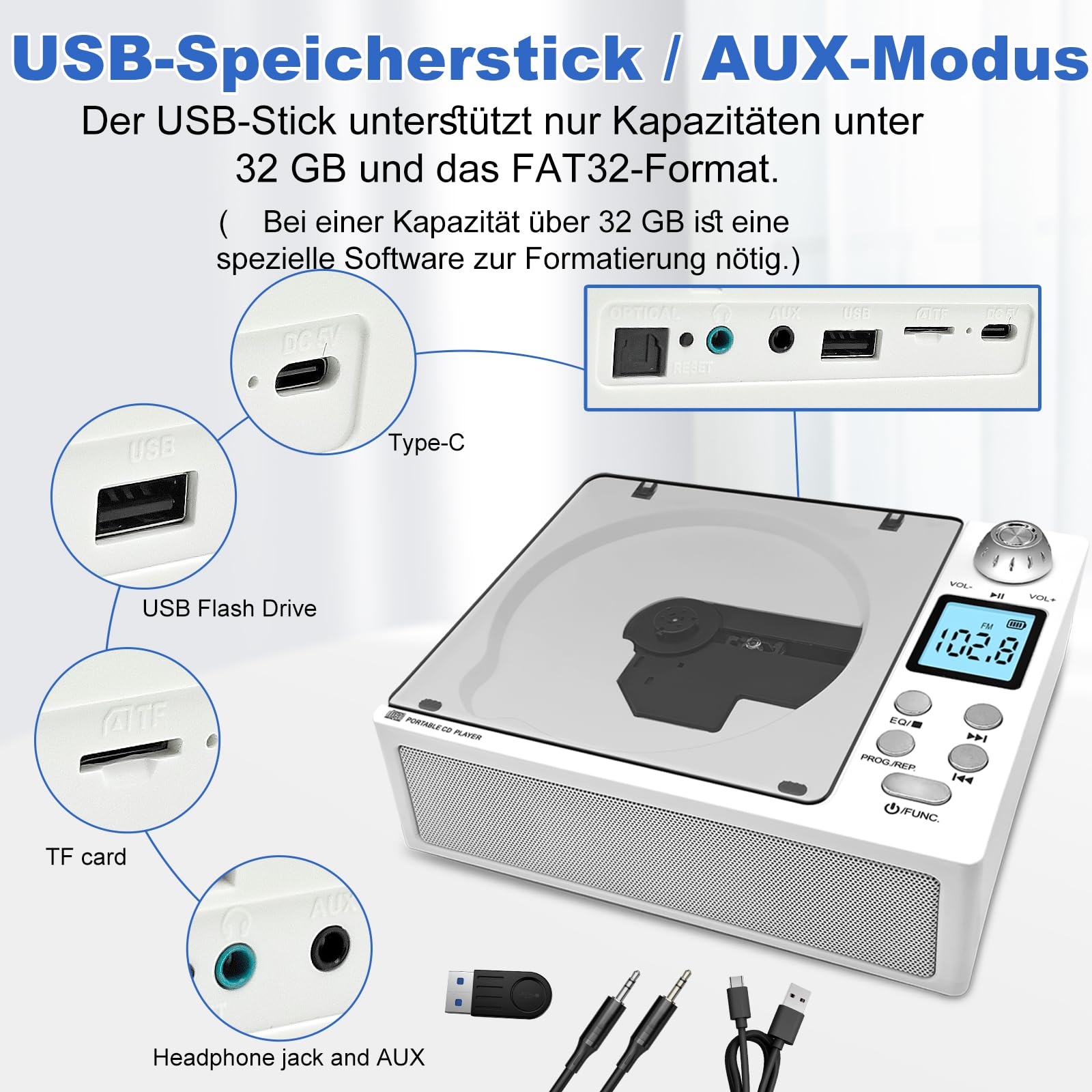 Tragbarer CD-Player mit Bluetooth 5.3 Sender & Empfänger, 4000mAh Akku, HiFi-Sound, USB/TF/AUX, LED-Display, Fernbedienung für Haus/Auto/Geschenk