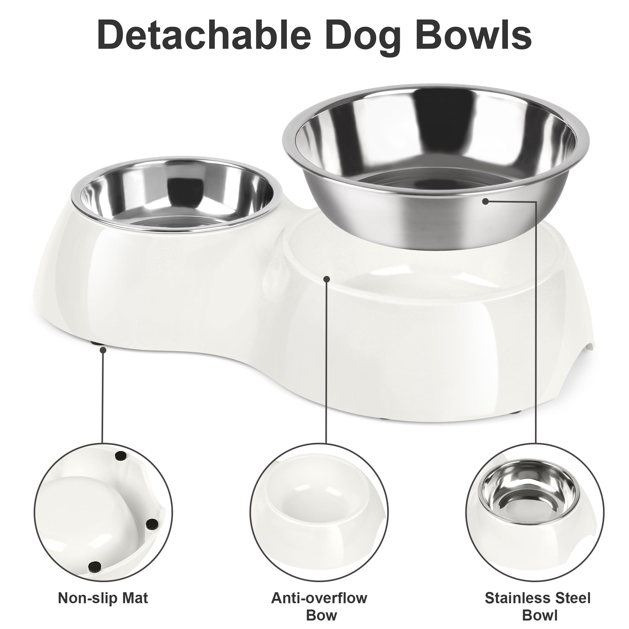 etvillage - Juego de cuencos dobles para perros, contiene dos cuencos de acero inoxidable y una base de elevación. Proporciona comida y agua para perros grandes, medianos y pequeños. (Mediano: 4.8