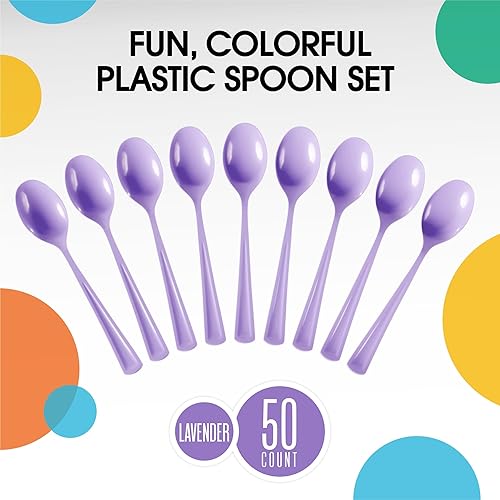 Miniatura 3 de Cubiertos desechables de plástico lavanda resistente, 50 unidades, incluyendo cucharas, tenedores y cuchillos