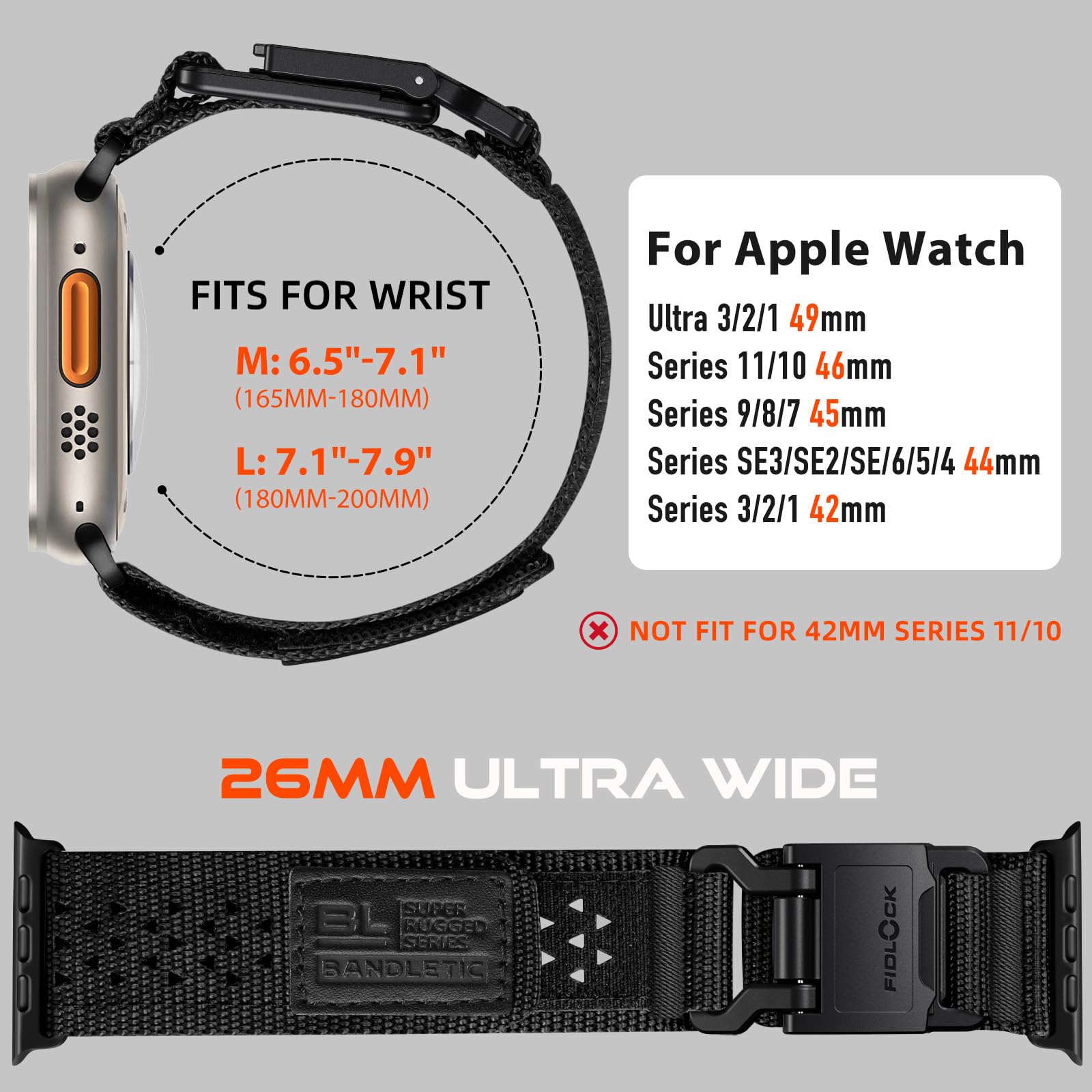 Bandletic Compatibile con Cinturino Apple Watch Ultra/Ultra 2/Ultra 3 49mm | Nylon Morbido Traspirante Sport Banda per iWatch Series 11 10 46mm 9/8/7 45mm SE/6/5/4 44mm 3/2/1 42mm