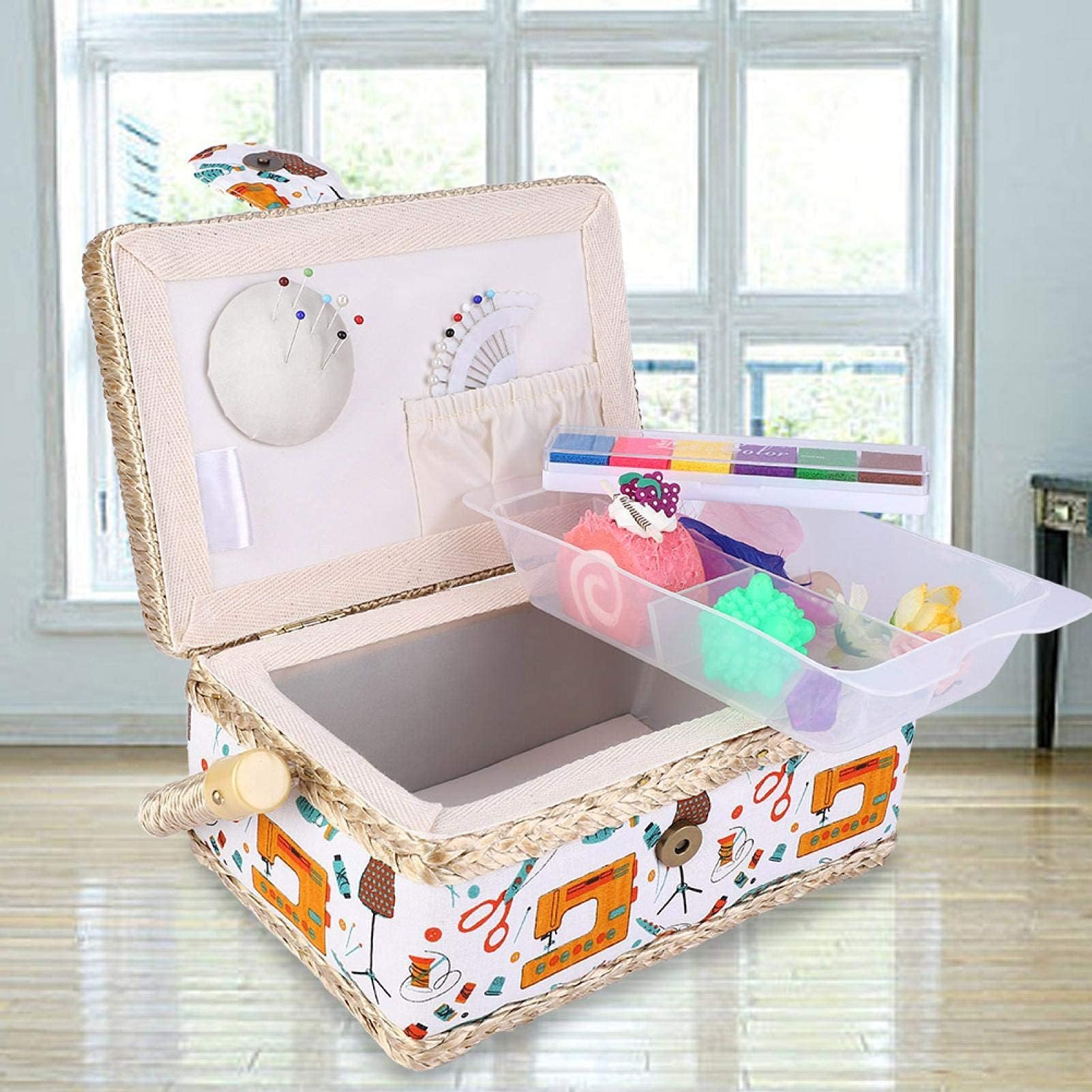 Organizer per cestini da cucito, scatole da cucito con scomparti rimovibili per accessori da cucito, 25 x 16 x 10,4 cm