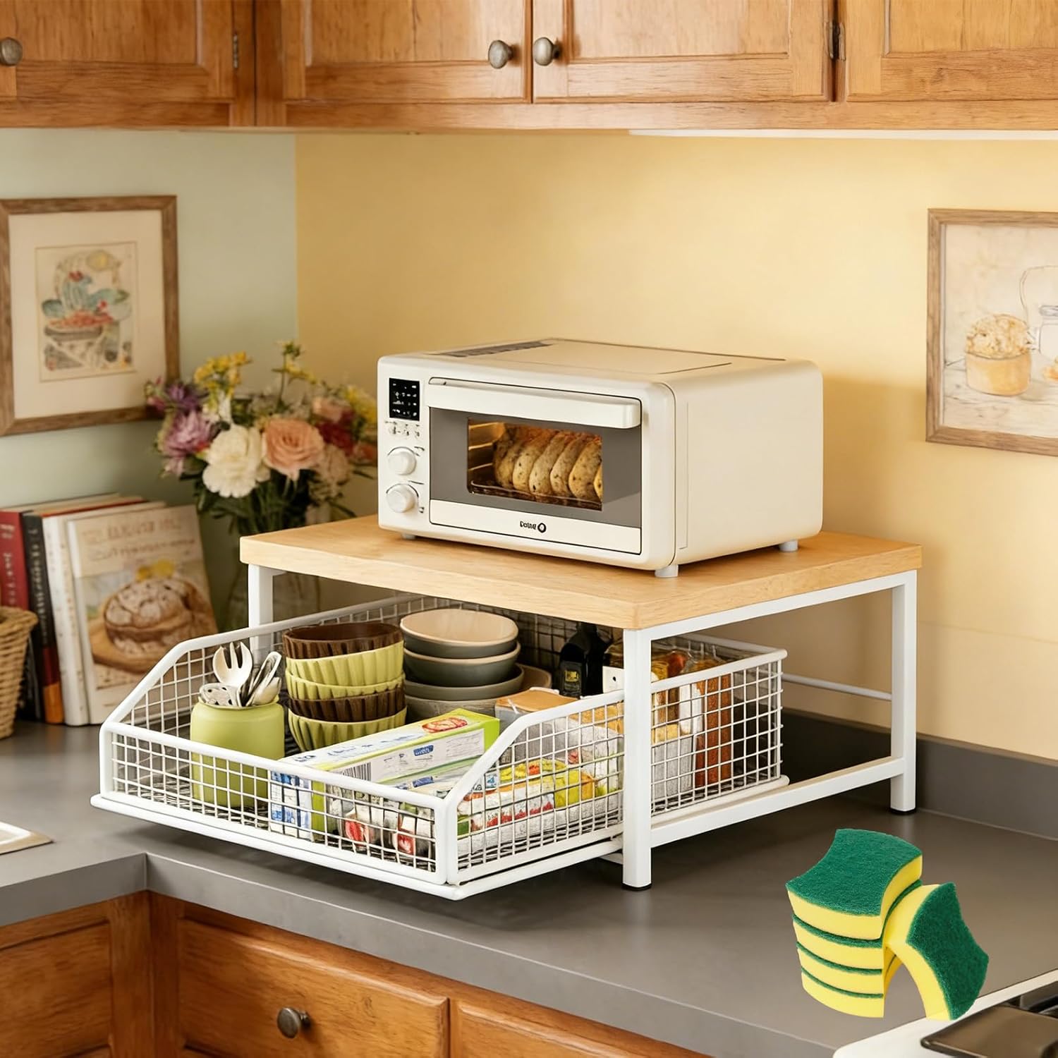 Shelf With Drawer for Kitchen Counter - 2026 New Kitchen Countertop Organizer with Drawer & Wire Basket, 2-Tier Sturdy Wood Cabinet Shelf for Coffee Maker, Seasoning Bottle, Kitchenware (black)