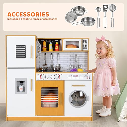 Miniatura 3 de Juego de cocina para niños, juego de juguetes de madera con diseño realista, sonidos de luces, ollas y utensilios para niños y niñas a partir de 3
