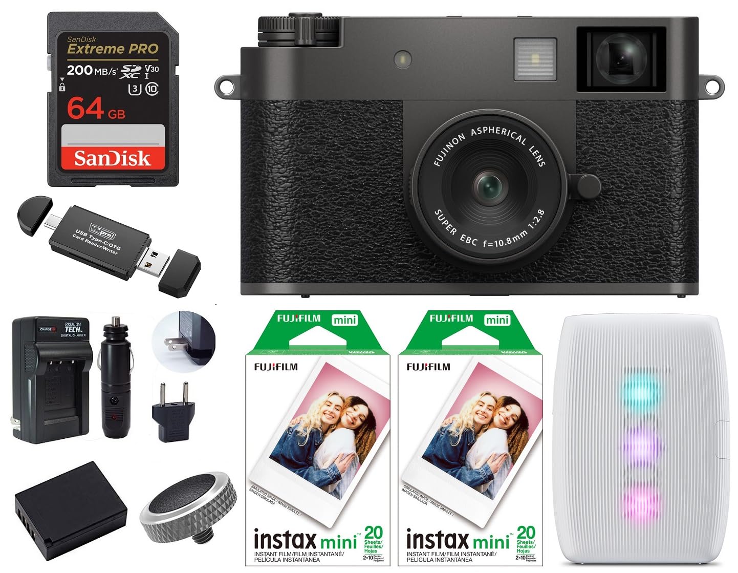 FUJIFILM X Half Digital Camera Bundle, Includes: FUJIFILM INSTAX MINI Link 3 Smartphone Printer, SanDisk 64GB Extreme PRO SDXC Memory Card and More (9 Items) (Charcoal Silver)