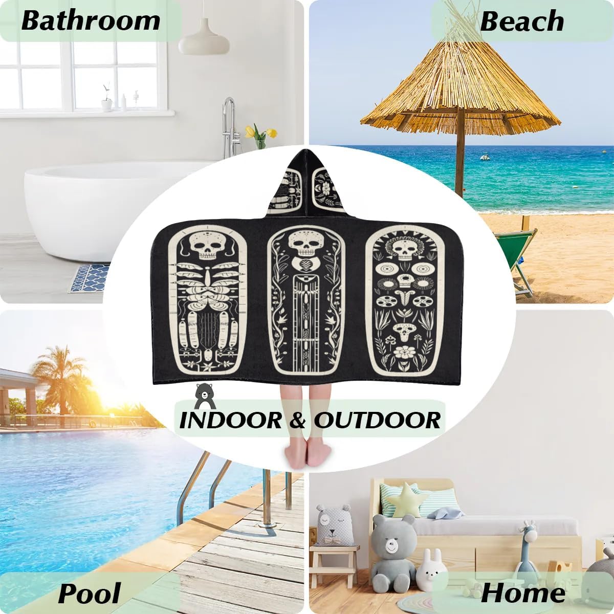 Pardick Skull Skeleton Kids Bath Towel Beach Towel with Hood Pool Cover Up for Girls Boys Soft Absorbent Hooded Bath Towel Toddler Towels for Beach, Pool