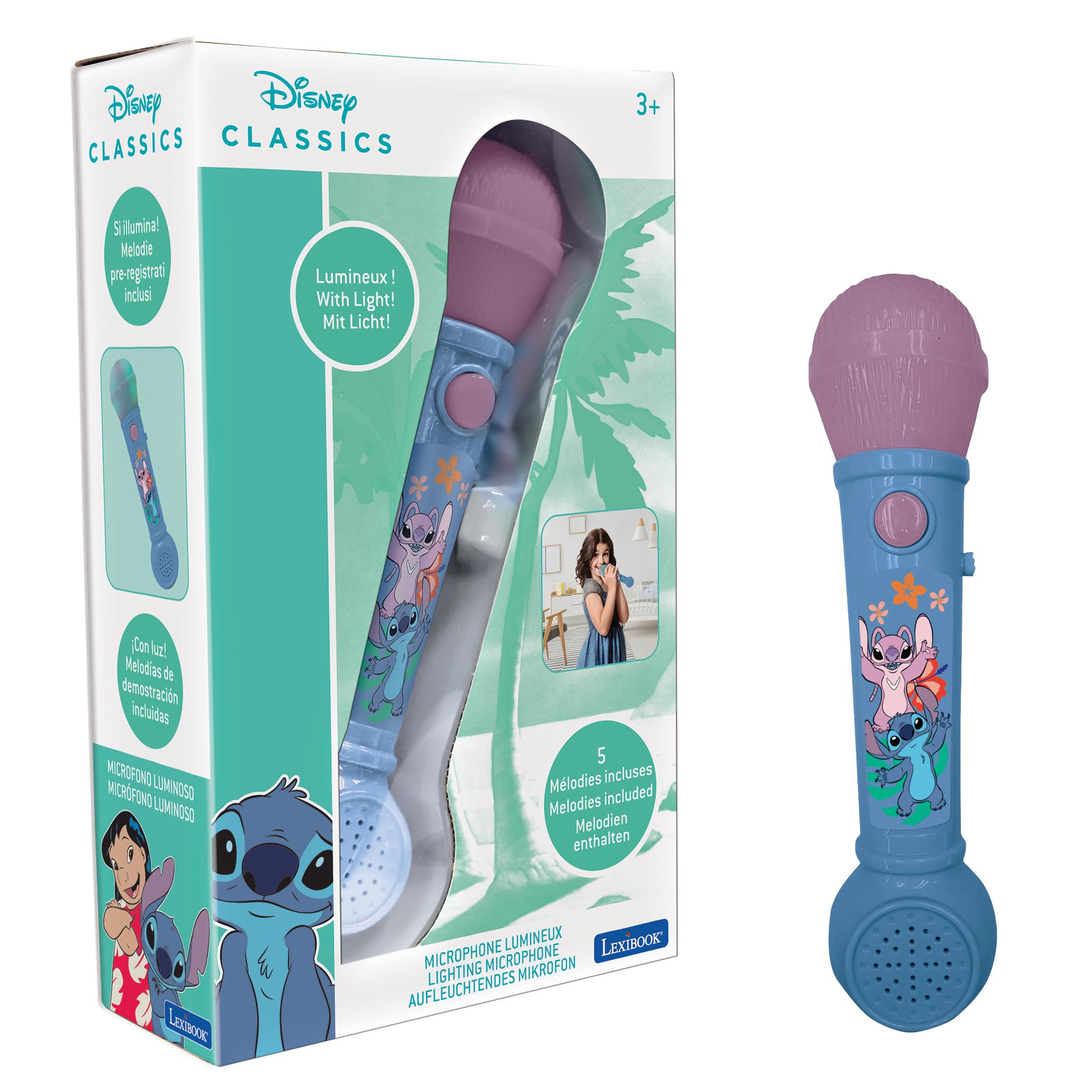 LEXIBOOK, Disney Stitch, Lighting Microphone for children, musical toy, built-in speaker, light effects, demo melodies included, Blue, MIC80D