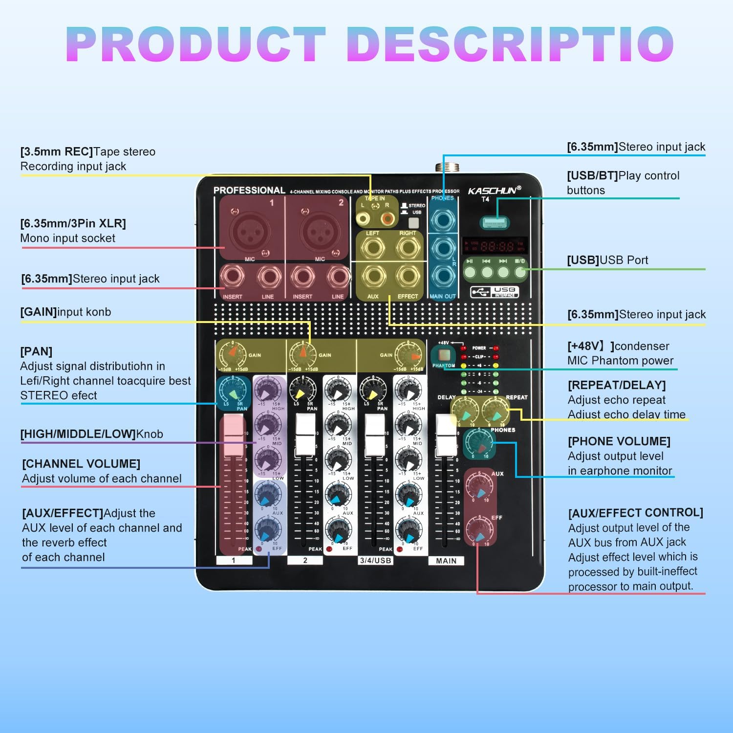 Professional 4-Channel DJ Audio Mixer for Karaoke & Podcasting, Bluetooth Mixing Console with USB MP3 Input 48V Phantom Power Reverb Effects for Live Streaming & Home Recording(T4)