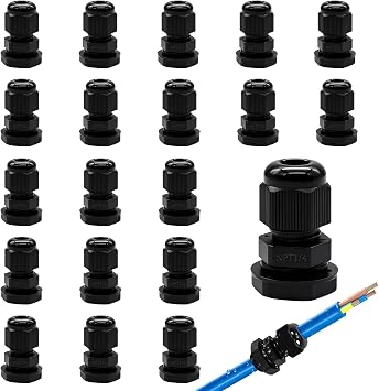 20 PCS Nylon Cable Glands 1/4" NPT,Waterproof Adjustable Diameter 3-6mm Cable Connectors,Plastic Cable Gland Joints with Gaskets 1/4 NPT-BK