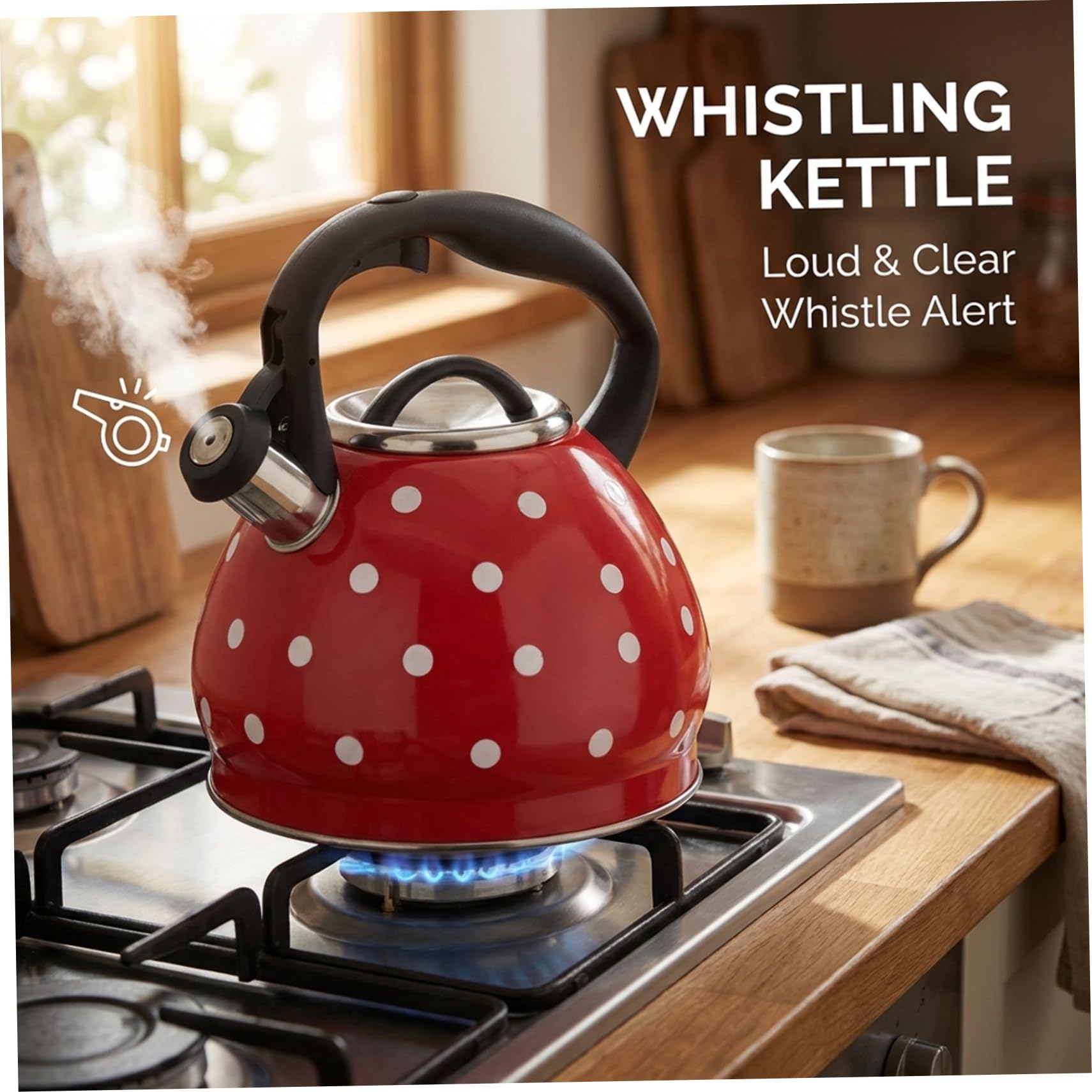 Pfeifender Teekessel für den Herd, 3, 2 Quart, Edelstahl-Teekessel, gepunktete Teekanne mit ergonomischem Cool-Touch-Griff, Rot, Feiertagsstatuen