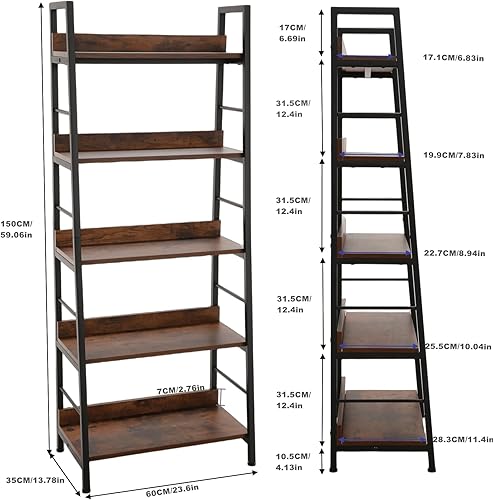 Miniatura 3 de Himimi Estantería industrial, estante de escalera estrecho de 5 niveles, estante de almacenamiento independiente, estantes inclinados para libros,