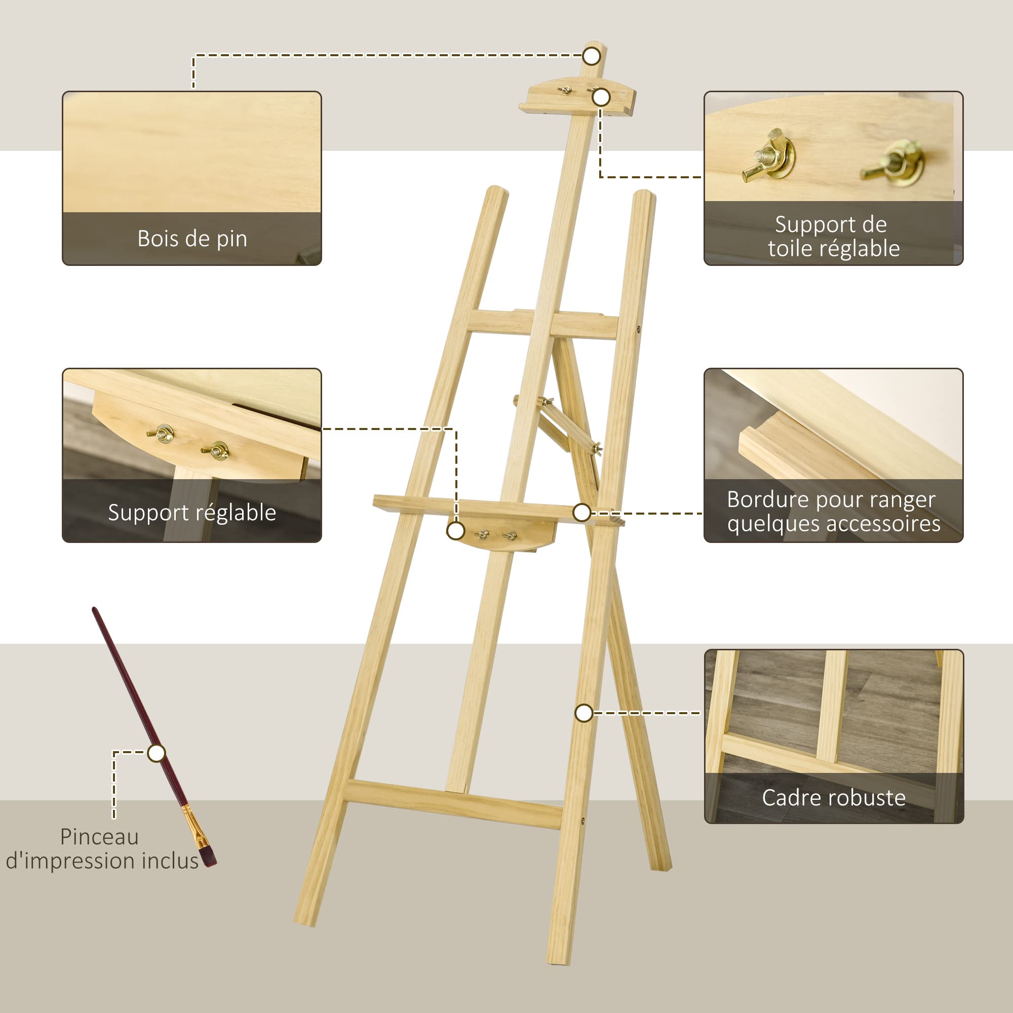 HOMCOM Chevalet d'artiste sur pieds dim. 51,5L x 71,5l x 134,5H cm inclinaison hauteur réglable 90° max. bois de pin