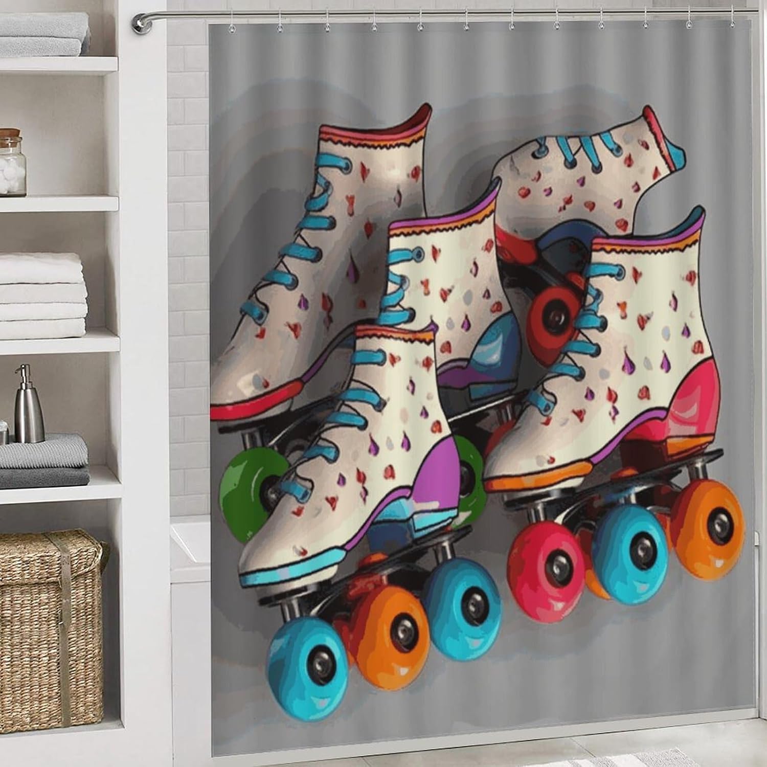 4 Piece Bathroom Rug Set with Shower Curtain, Non-Slip Bath Mat Toilet Cover Set, Retro Roller Skates Colorful Bathroom Rug Sets