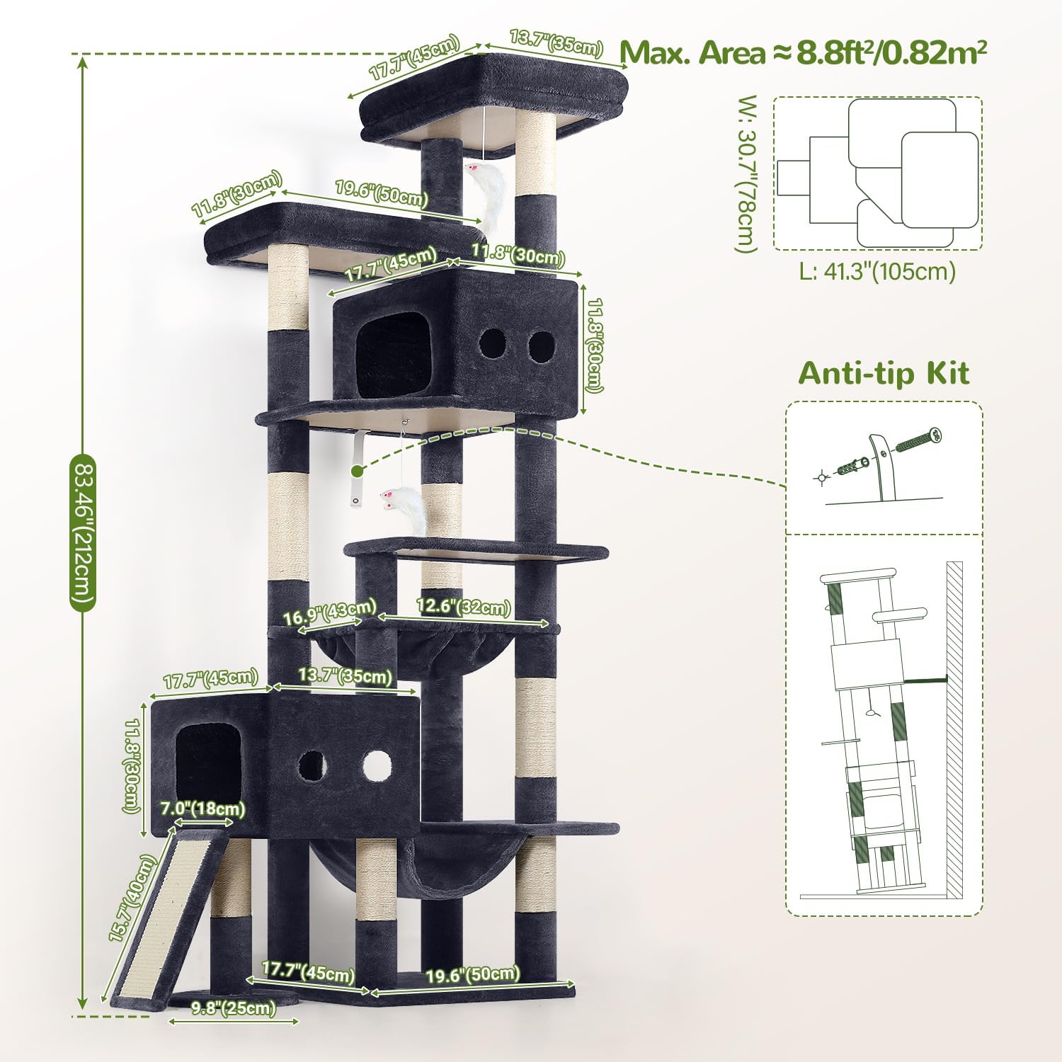 Globlazer Multi-Level Tall Cat Tower 83 inch Sturdy Extra Large Heavy Duty Cat Tree for Indoor Large Adult Cats Kittens with 2 Cat Condo, 8 Scratching Post, 2 Hammock, S83G, Dark Grey