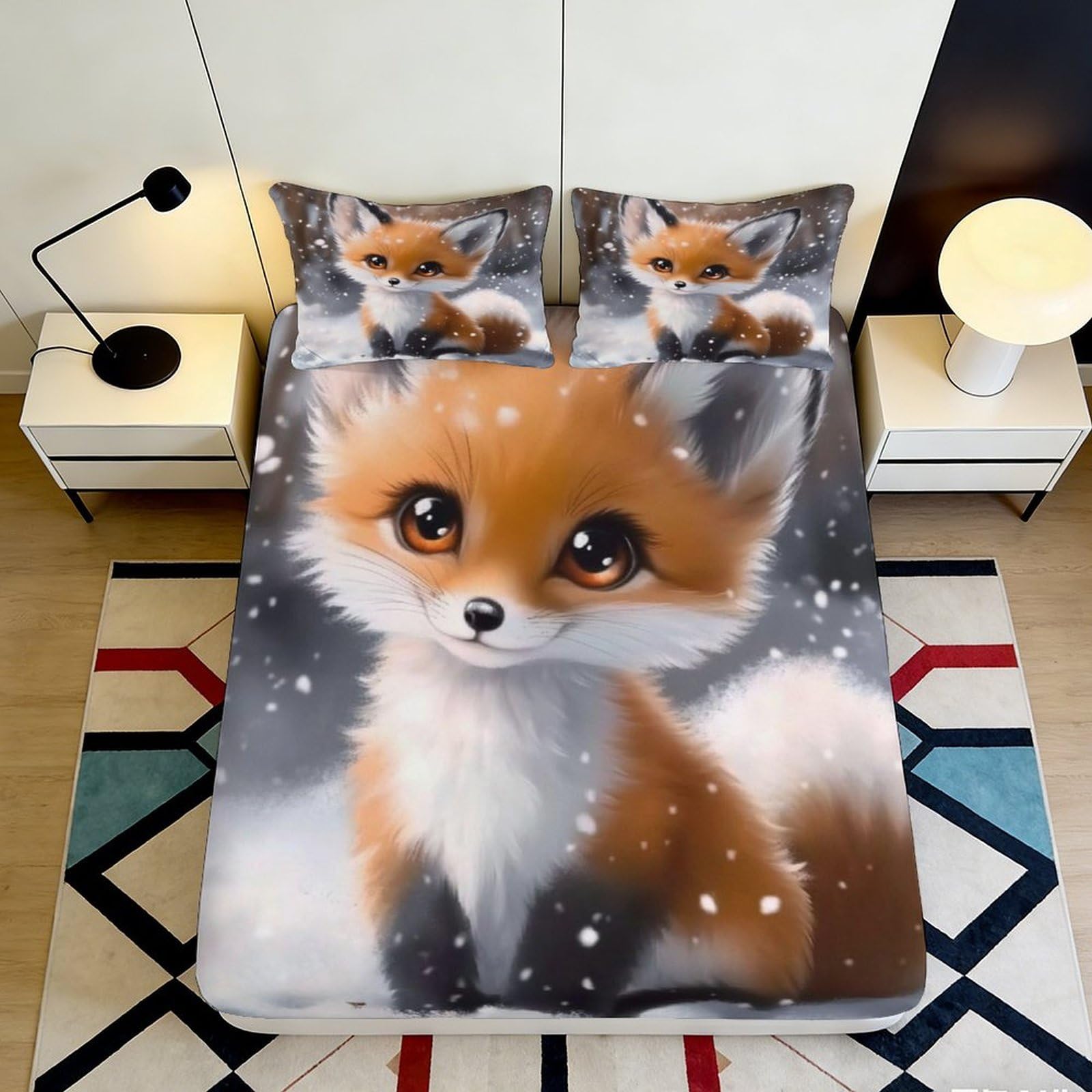 3D Printed Fox Pattern Fitted Sheet Microfiber Soft Breathable Winter Snow Mattress Cover for Bedroom Dormitory Guest Room Protection Decor 200x200x25cm